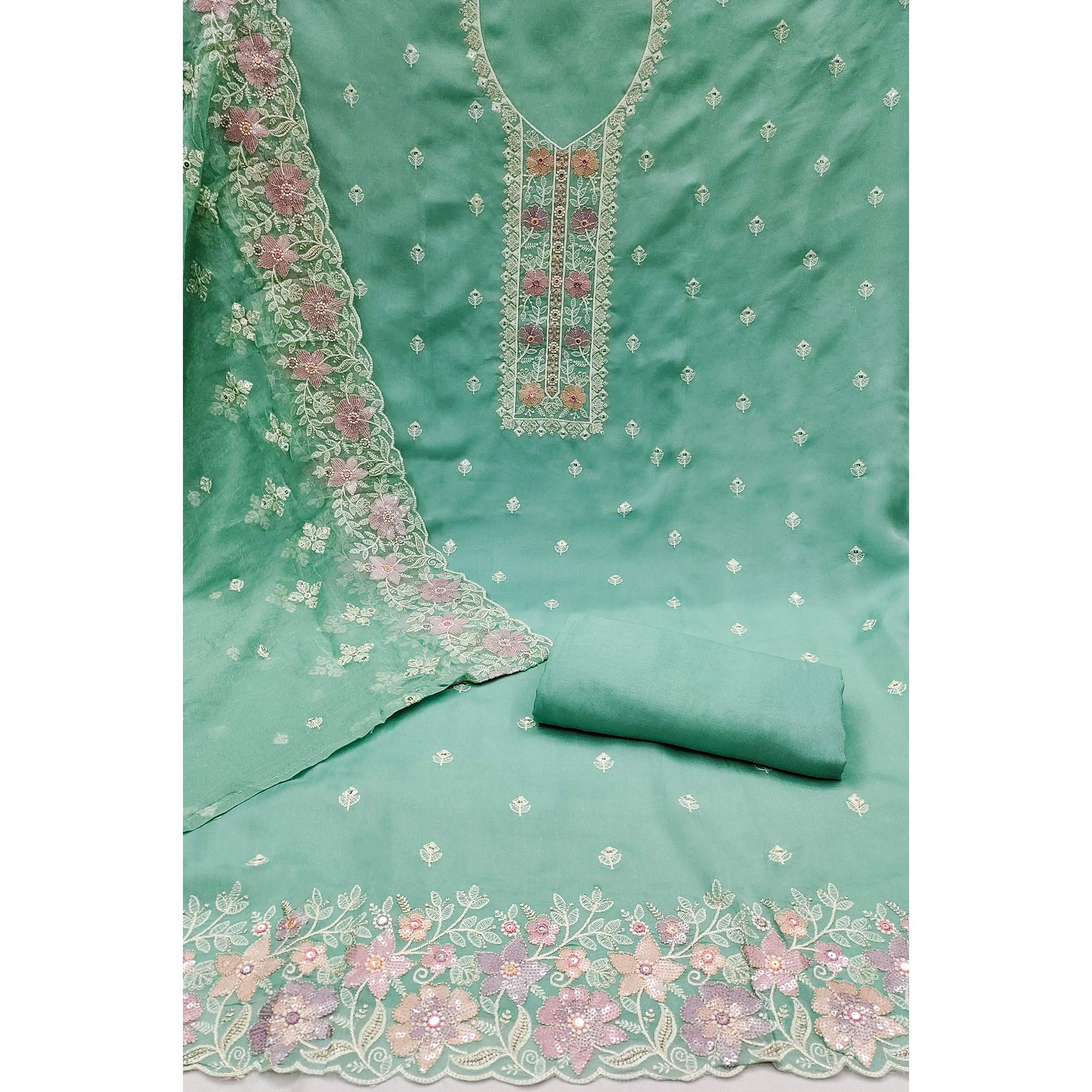 Turquoise Floral Embroidered Organza Dress Material