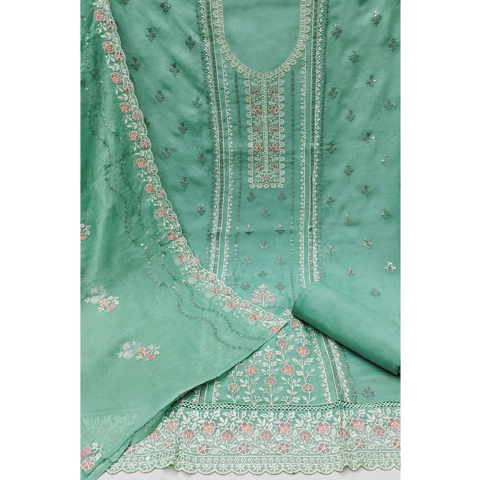 Turquoise Floral Sequins Embroidered Organza Dress Material