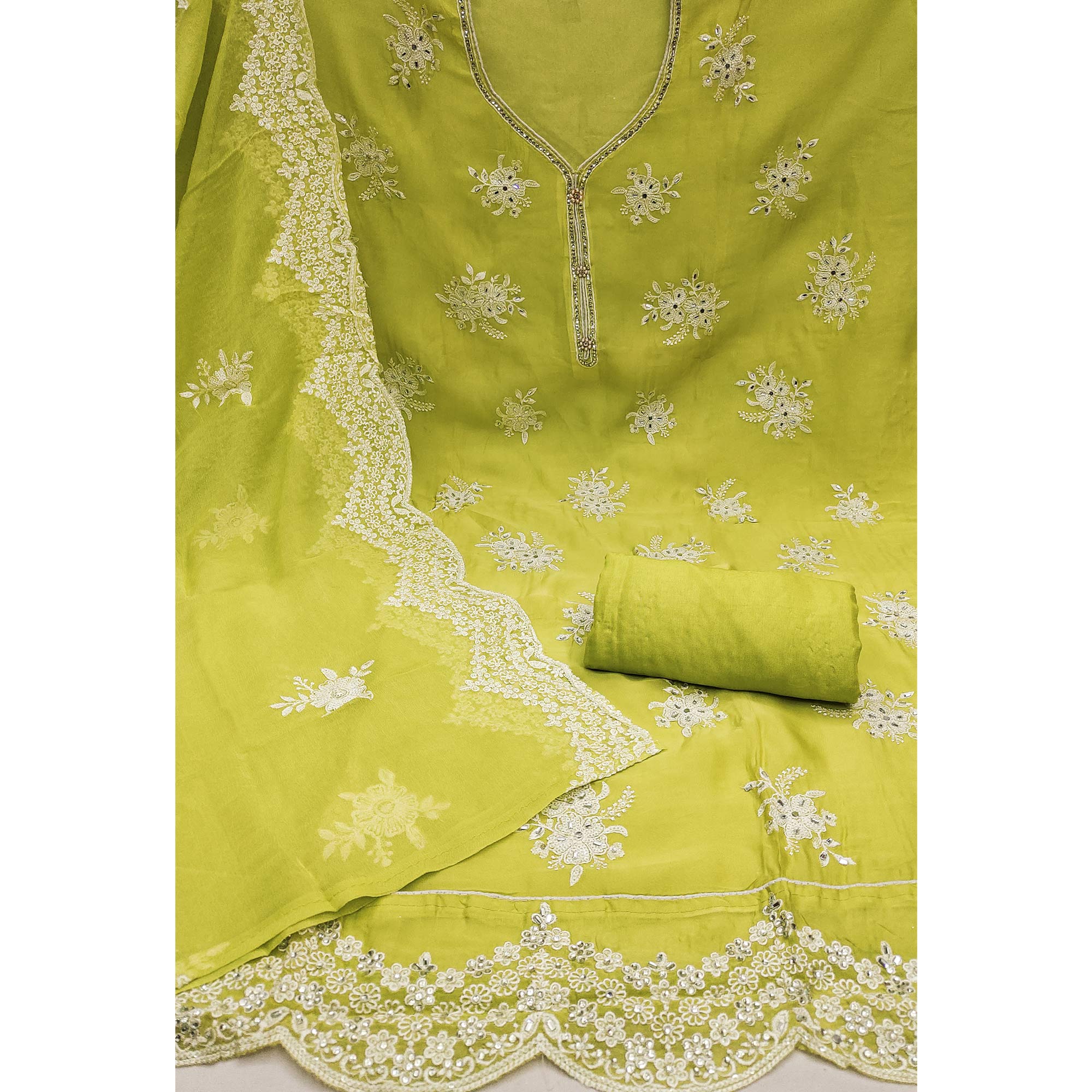 Green Floral Mirror Embroidered Organza Dress Material