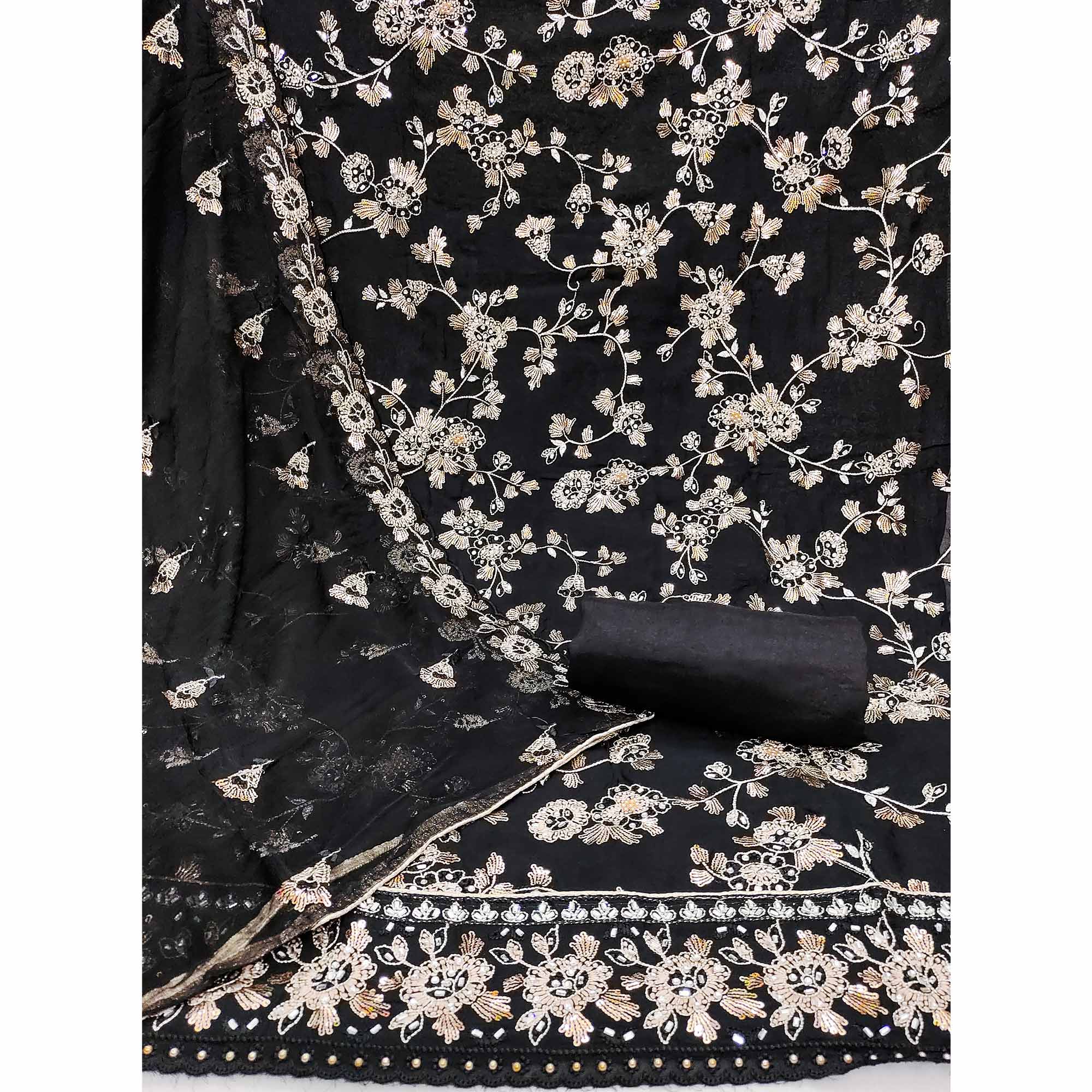 Black Floral Sequins Embroidered Organza Dress Material