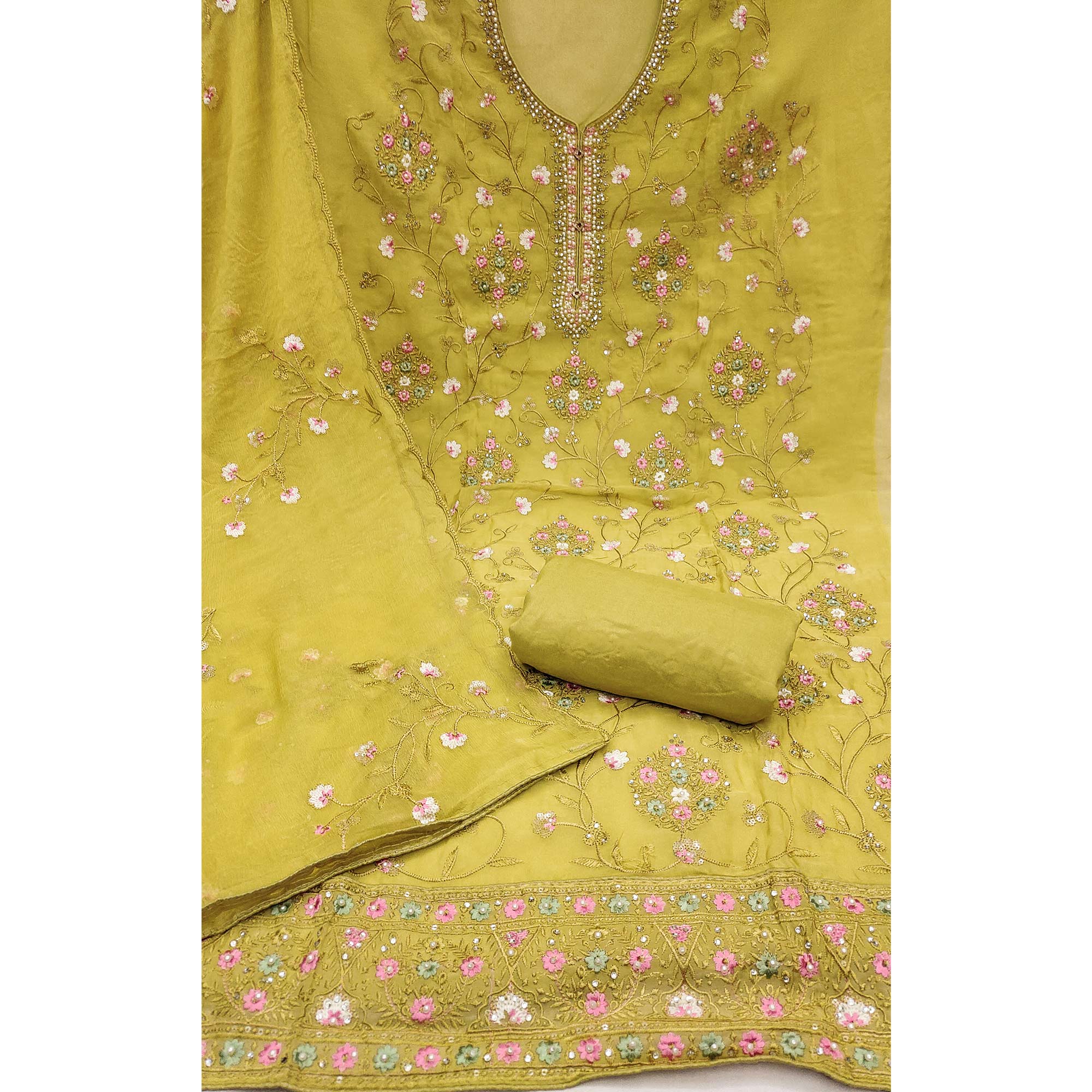 Lemon Yellow Floral Embroidered Organza Dress Material