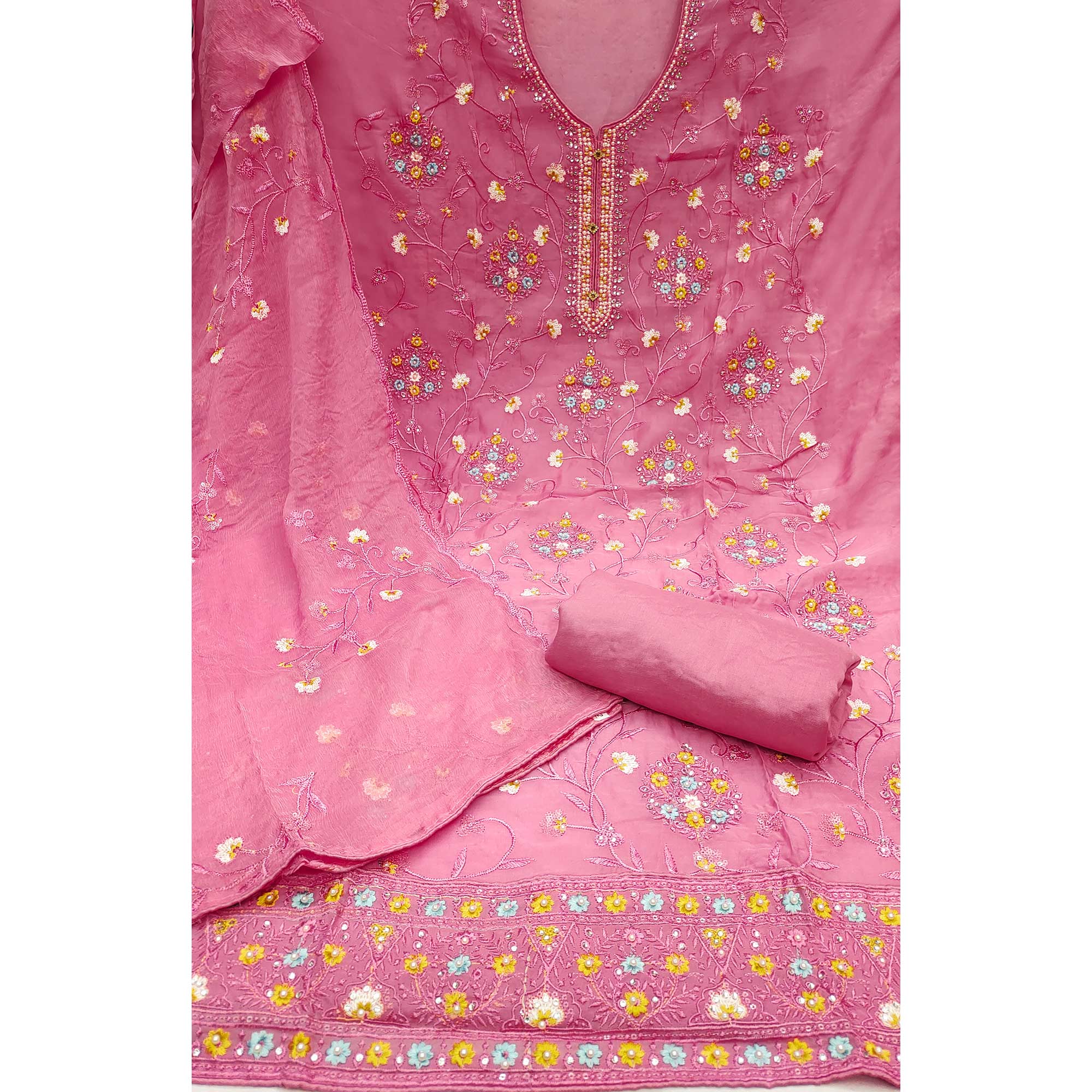 Pink Floral Embroidered Organza Dress Material