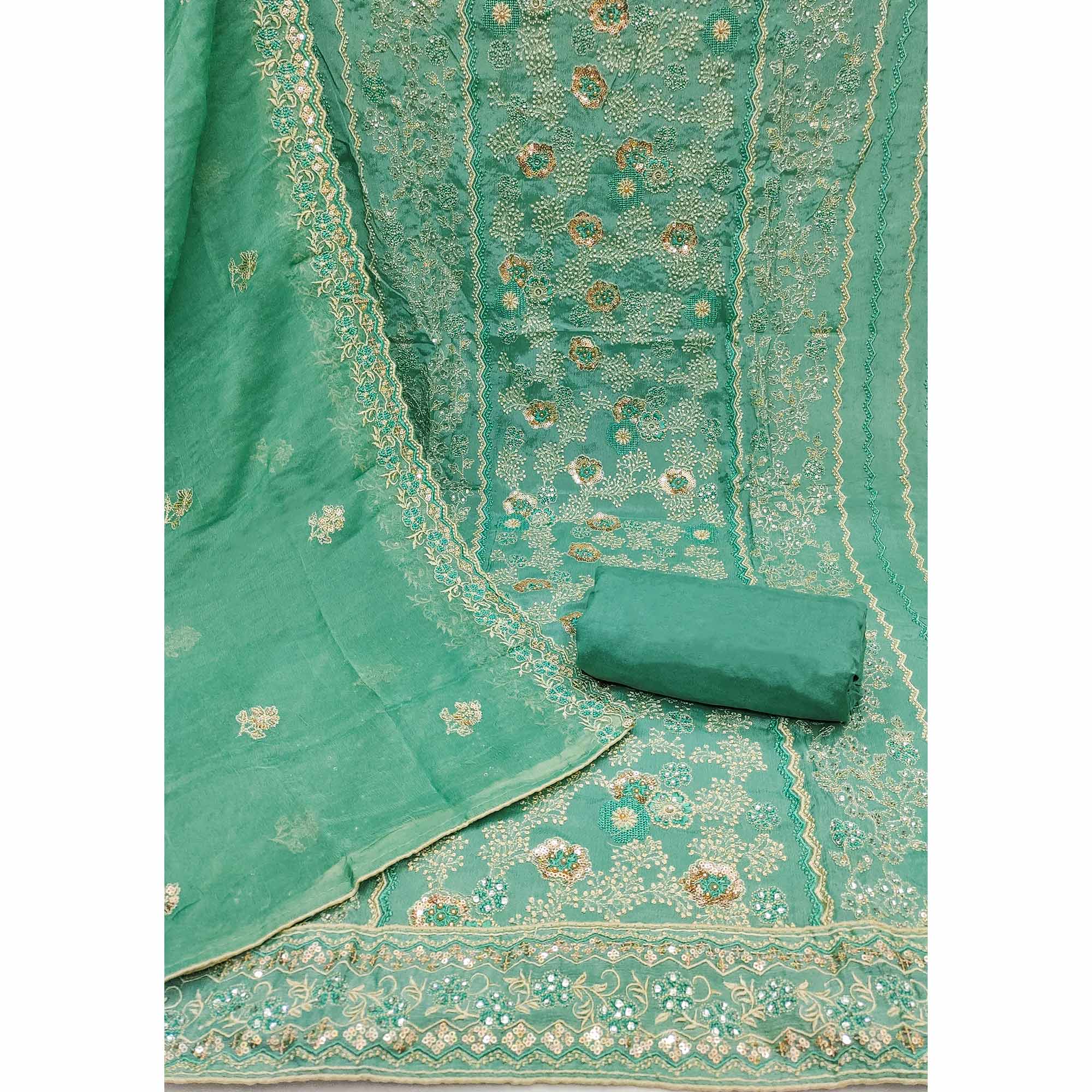 Rama Green Floral Embroidered Organza Dress Material