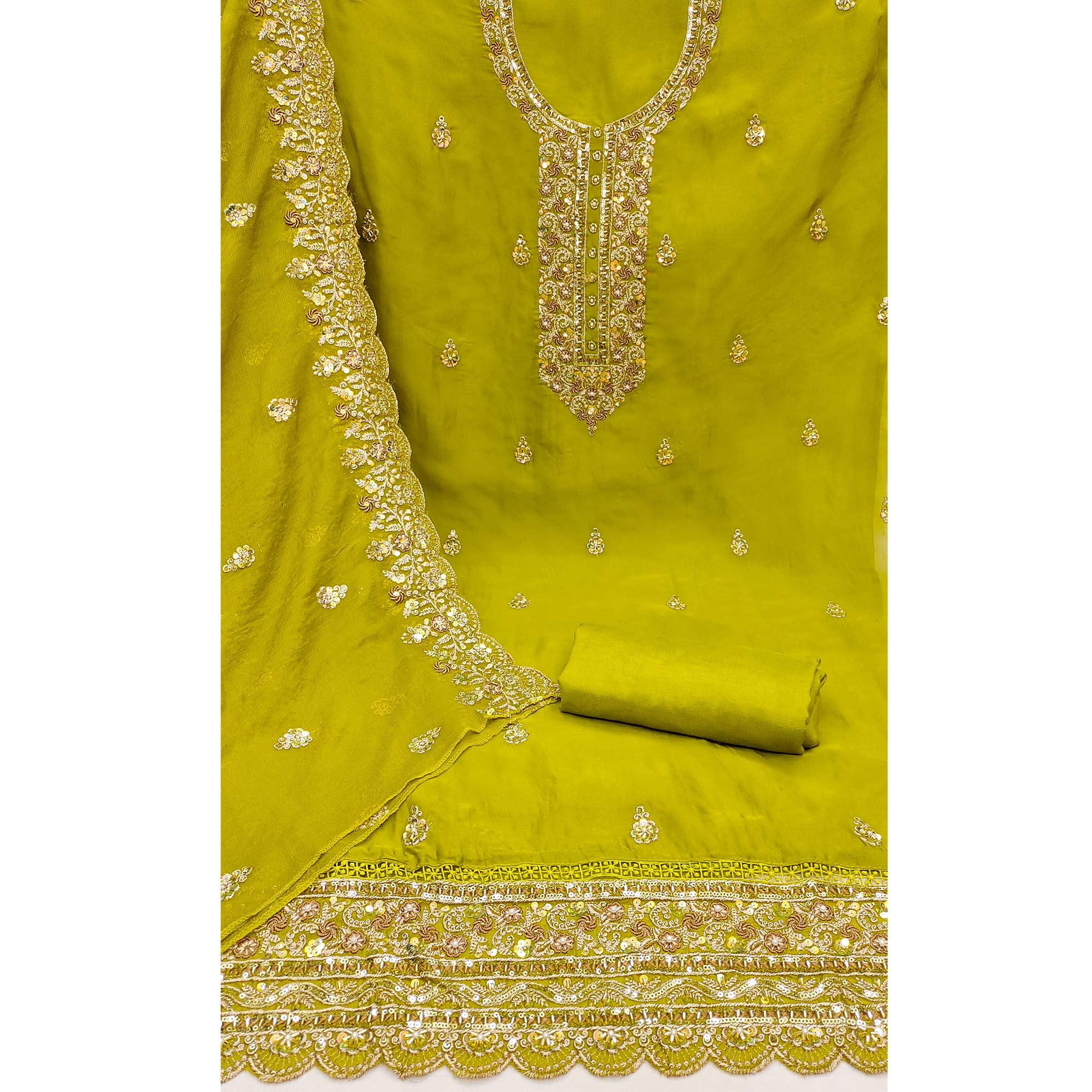 Green Embroidered Organza Dress Material
