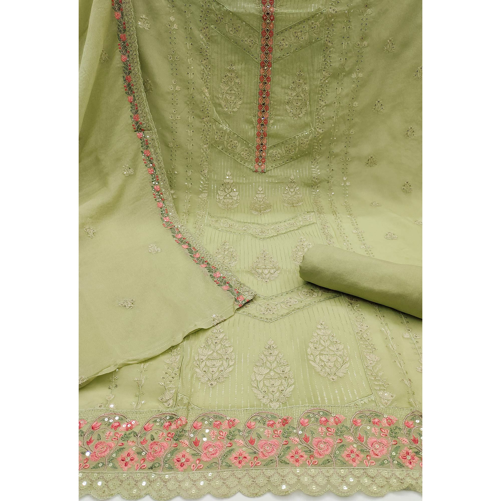 Green Floral Sequins Embroidered Organza Dress Material