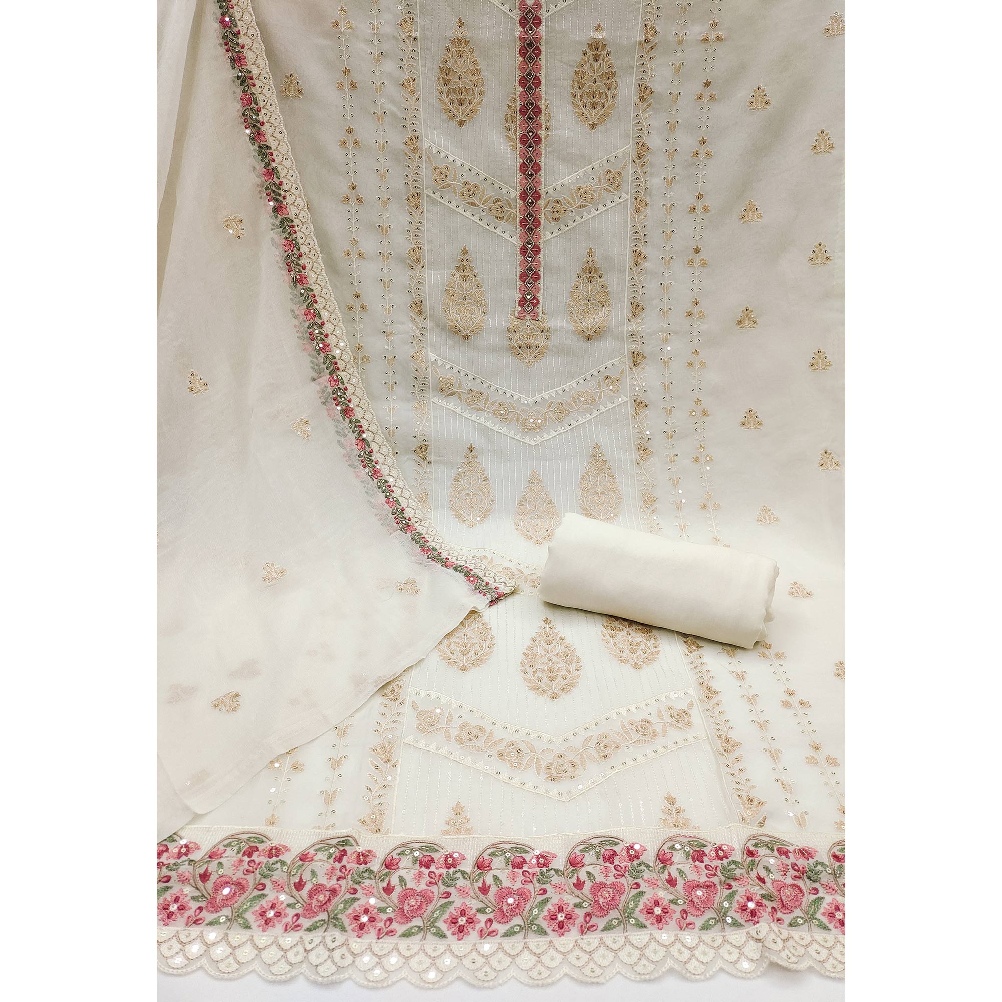 Offwhite Floral Sequins Embroidered Organza Dress Material