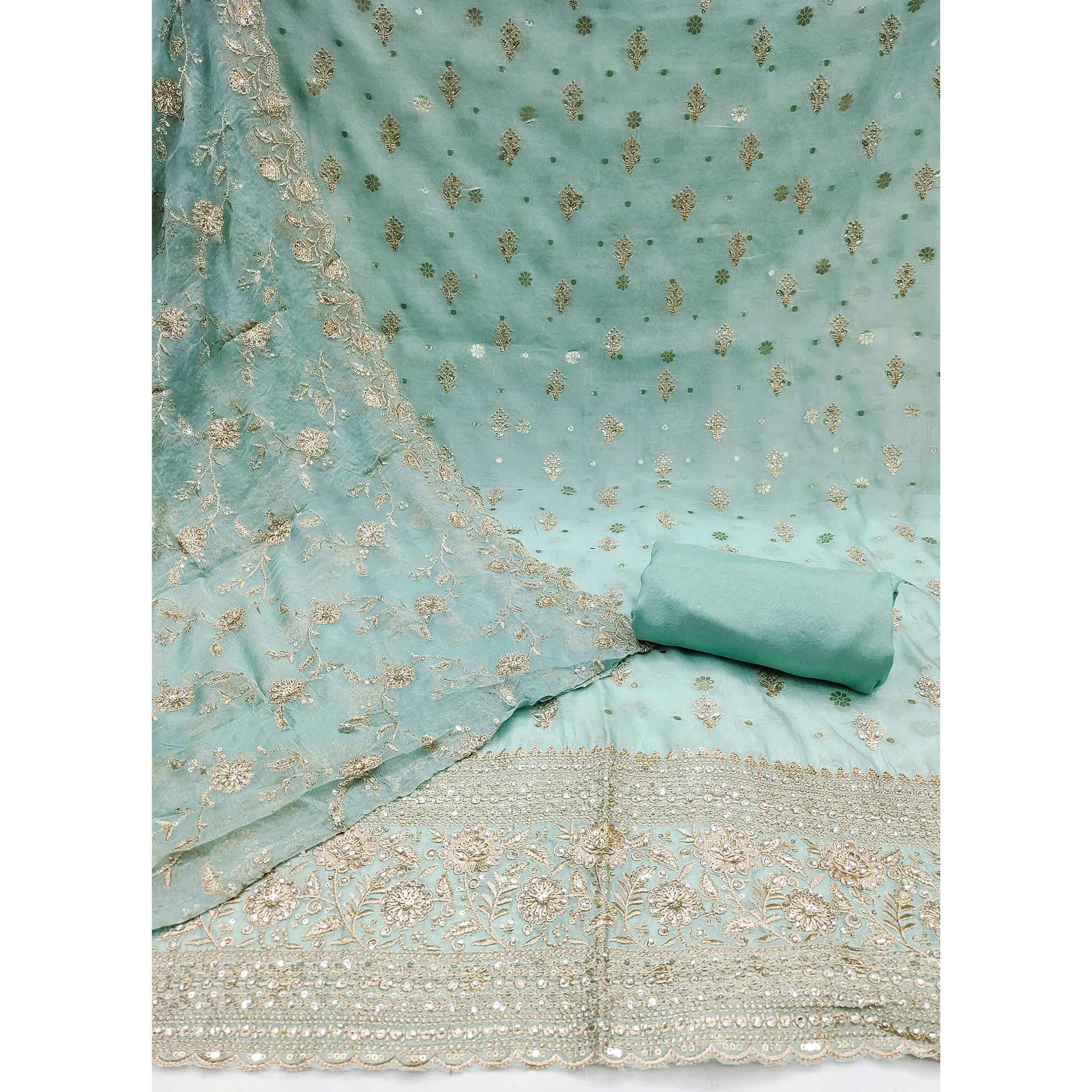 Turquoise Floral Sequins Embroidered With Stonework Organza Dress Material