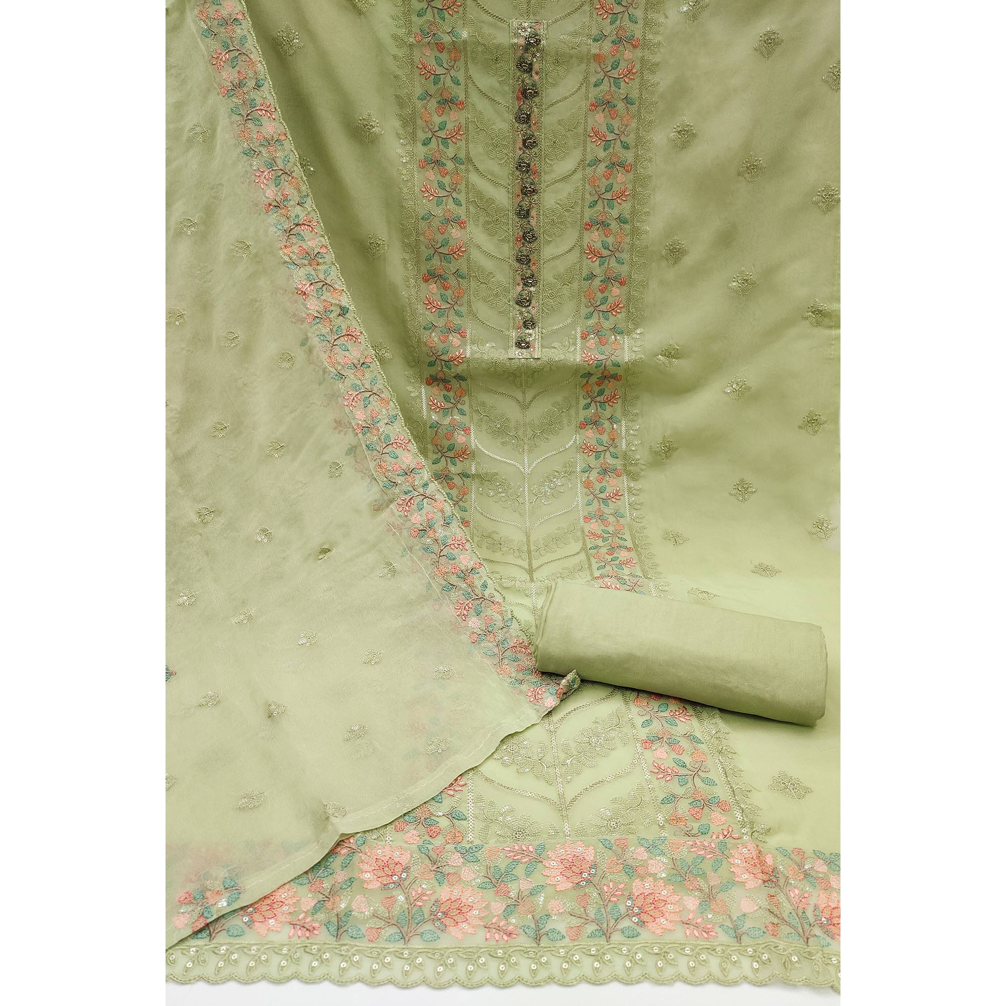 Green Floral Sequins Embroidered Organza Dress Material