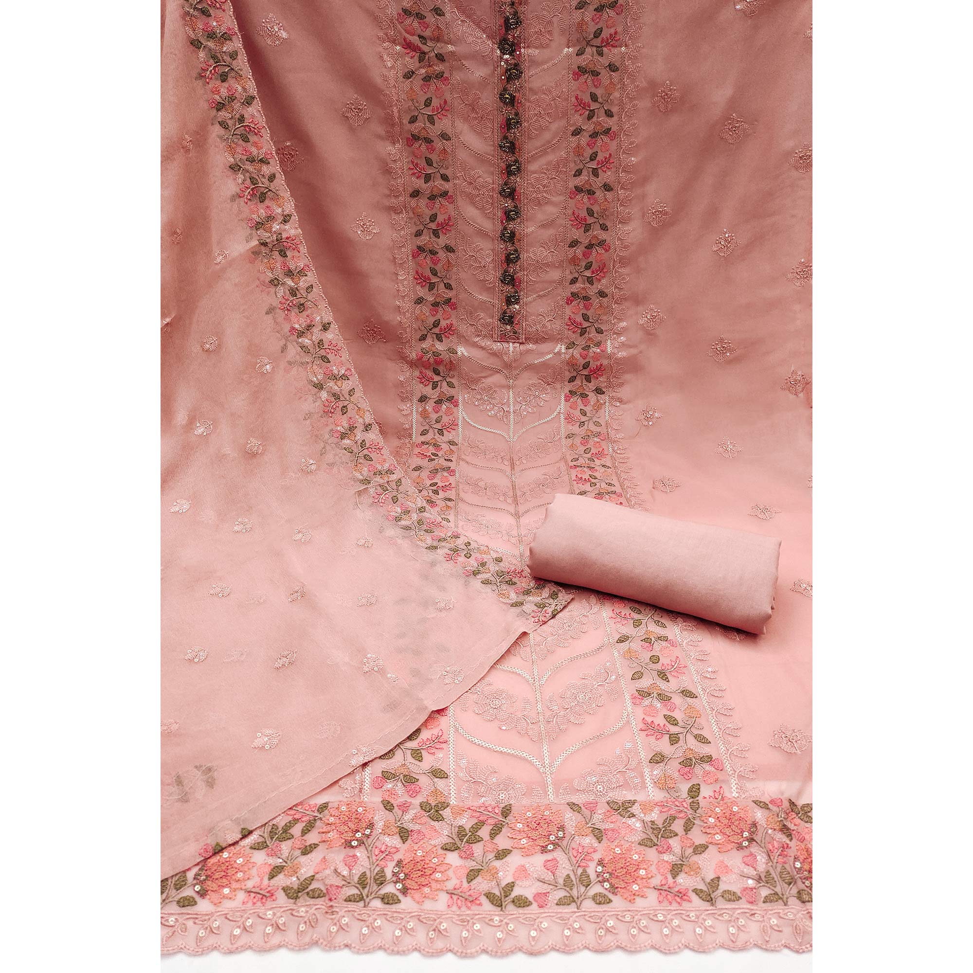 Peach Floral Sequins Embroidered Organza Dress Material