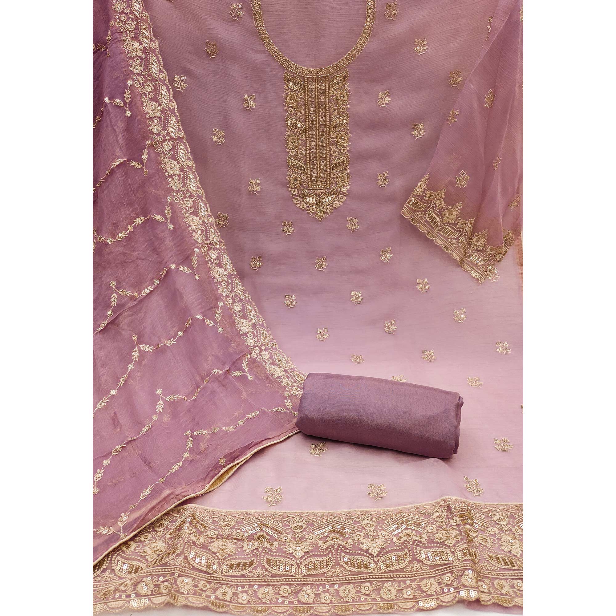 Purple Floral Sequins Embroidered Chiffon Dress Material