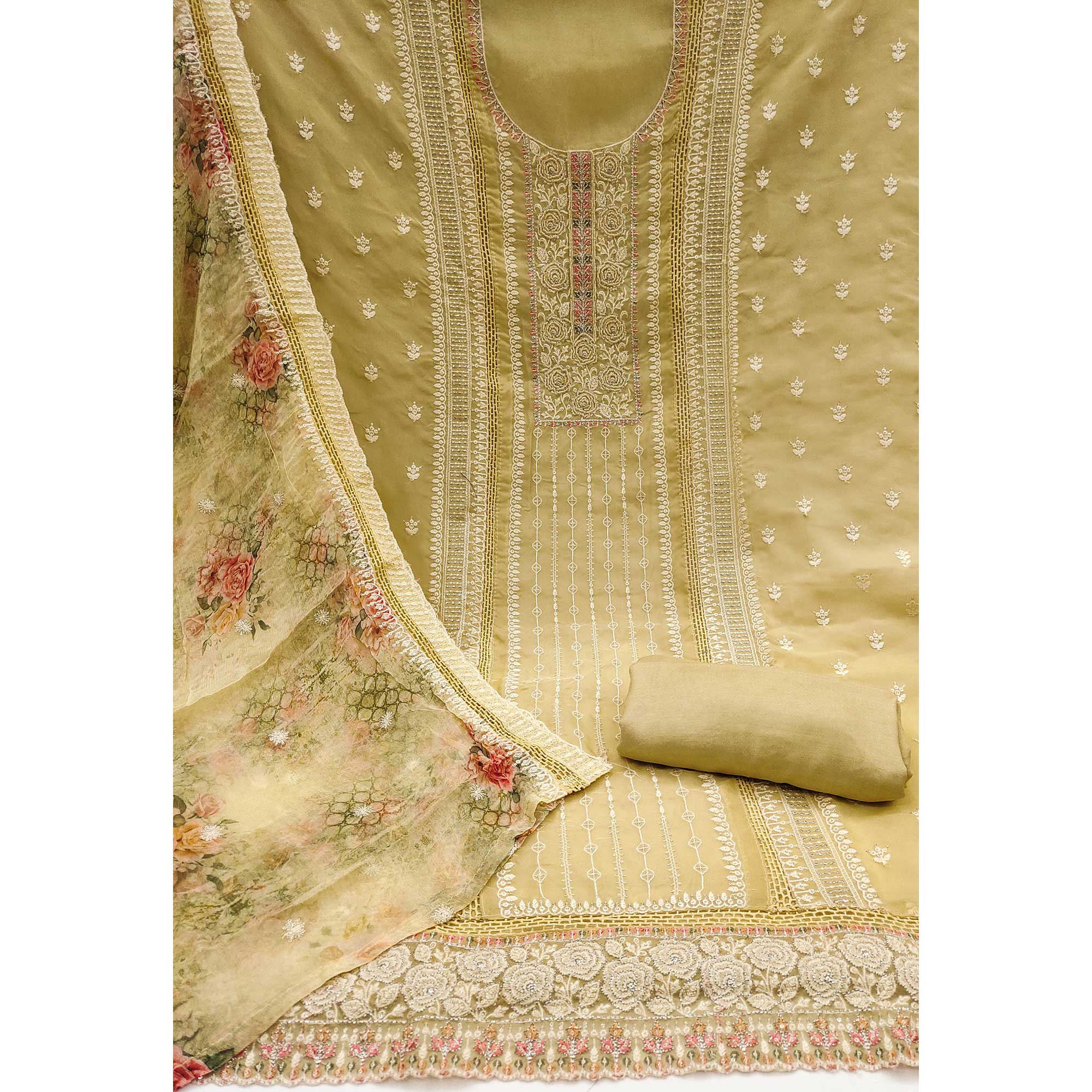 Beige Floral Hand Embroidered Organza Dress Material