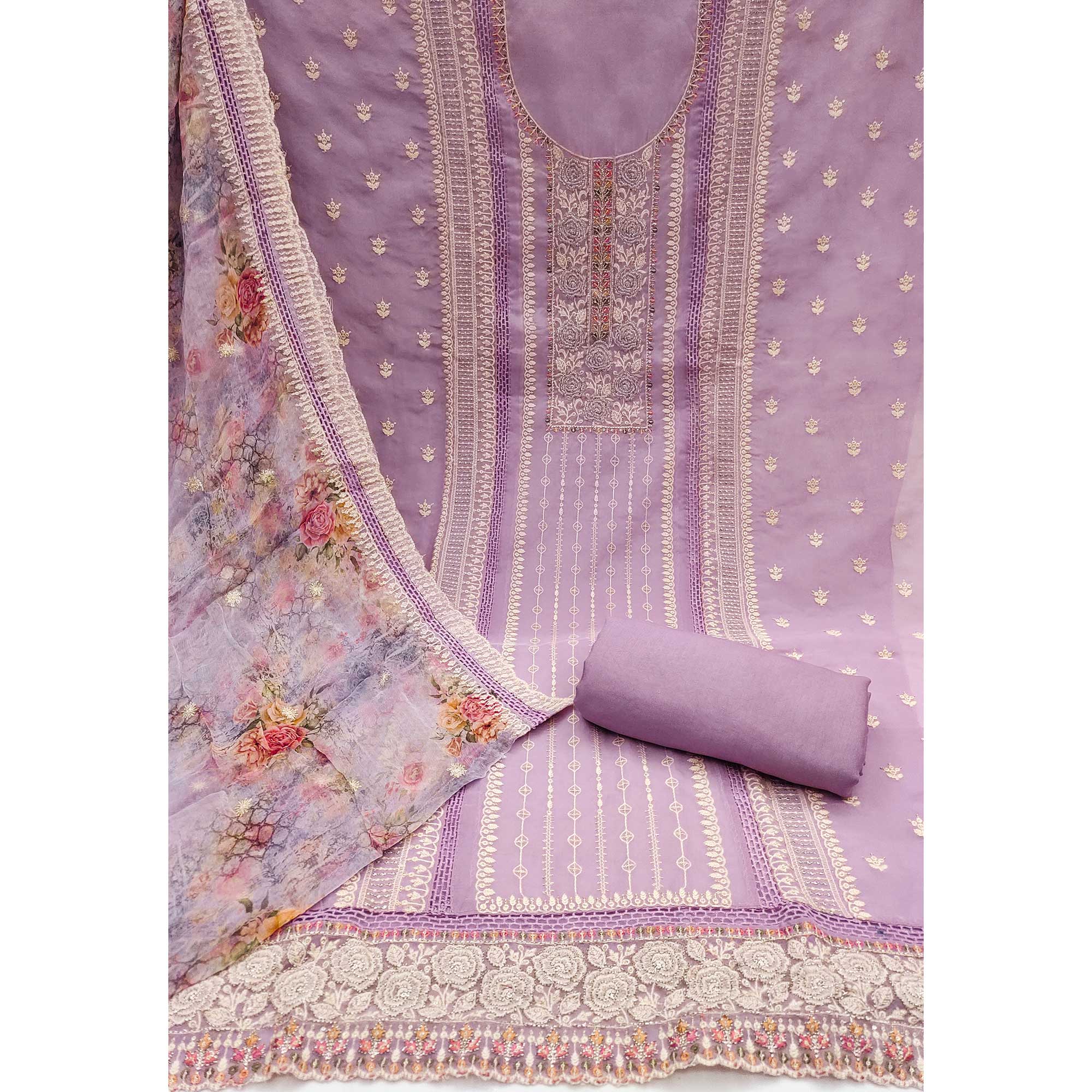 Purple Floral Hand Embroidered Organza Dress Material