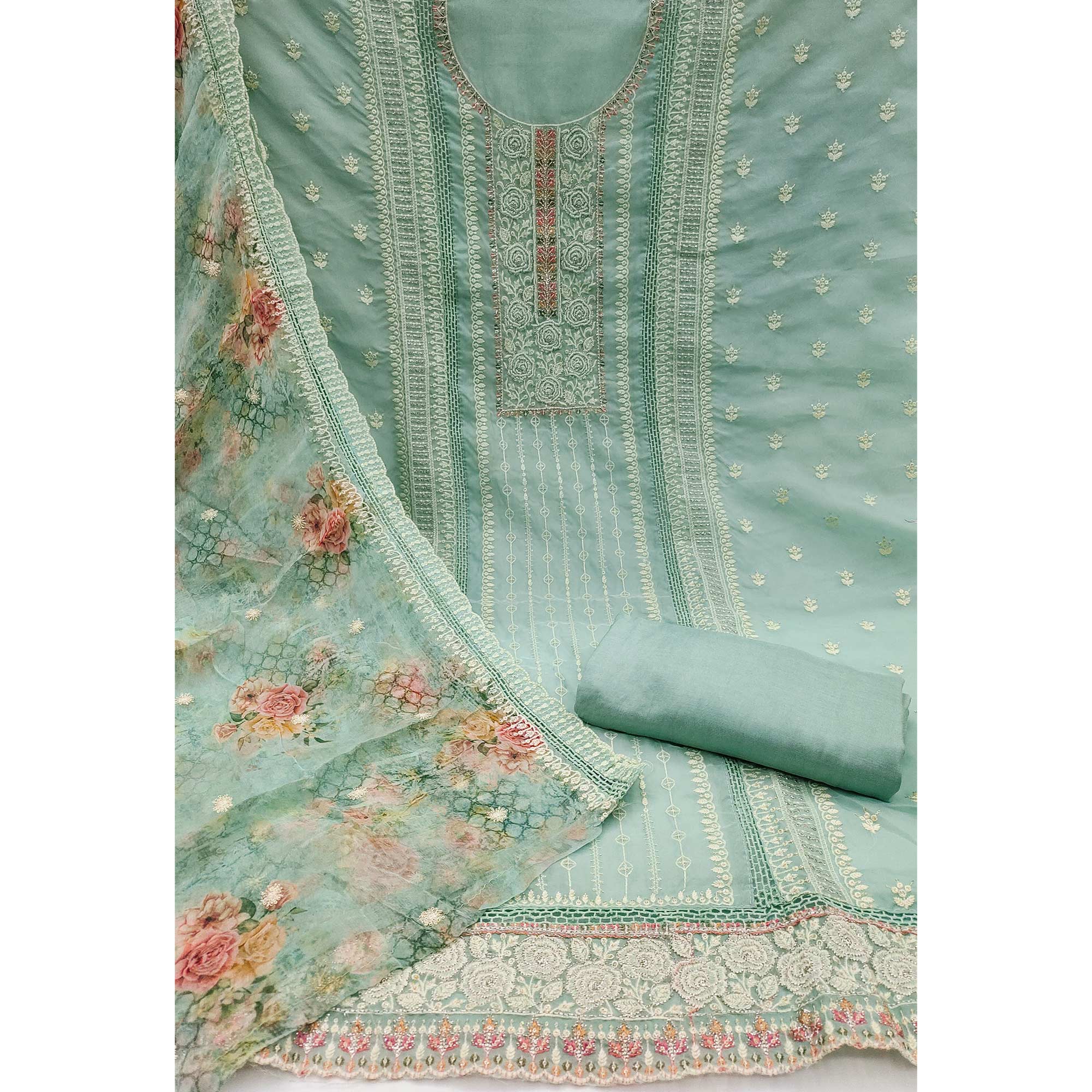 Turquoise Floral Hand Embroidered Organza Dress Material
