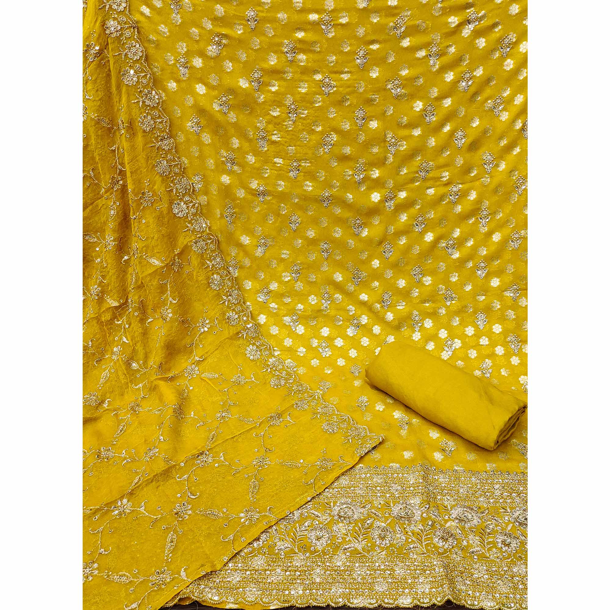 Yellow Floral Embroidered With Woven Georgette Dress Material