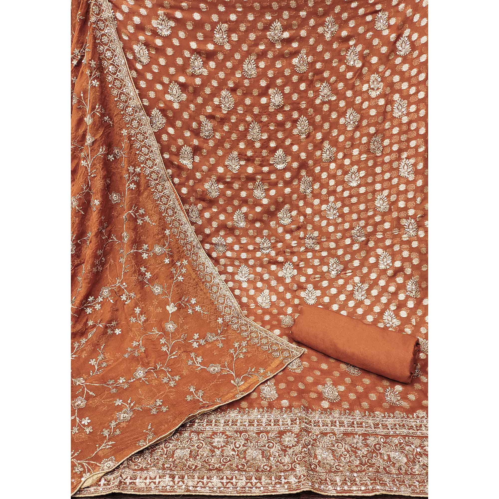 Rust Floral Embroidered With Woven Georgette Dress Material