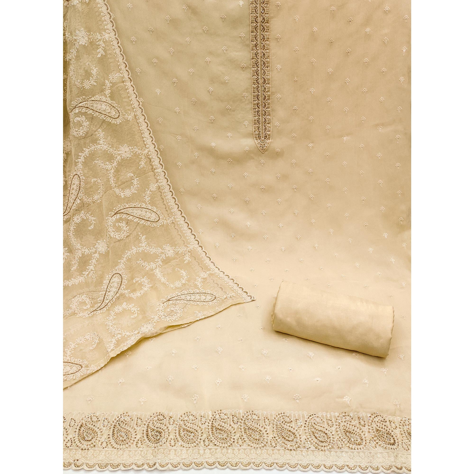 Beige Embroidered Organza Dress Material