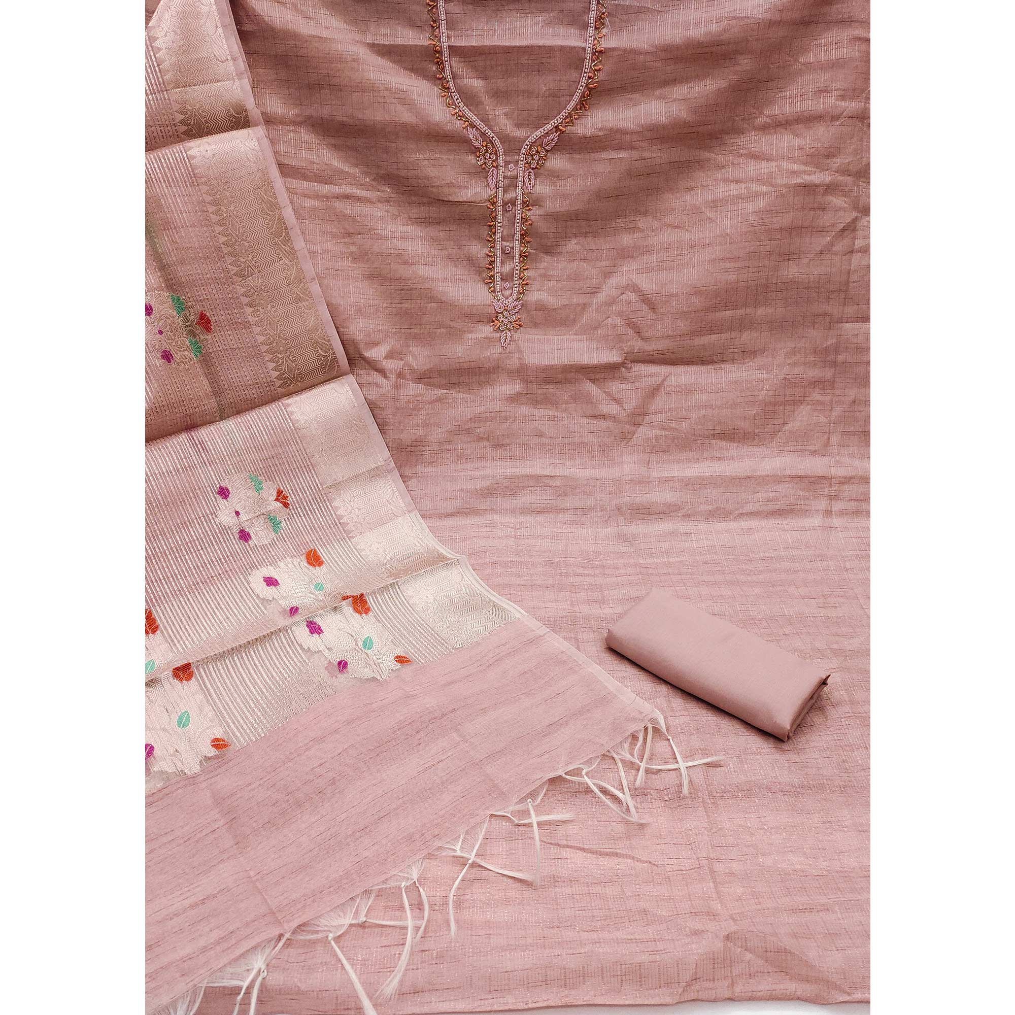 Peach Woven With Handwork Tissue Dress Material