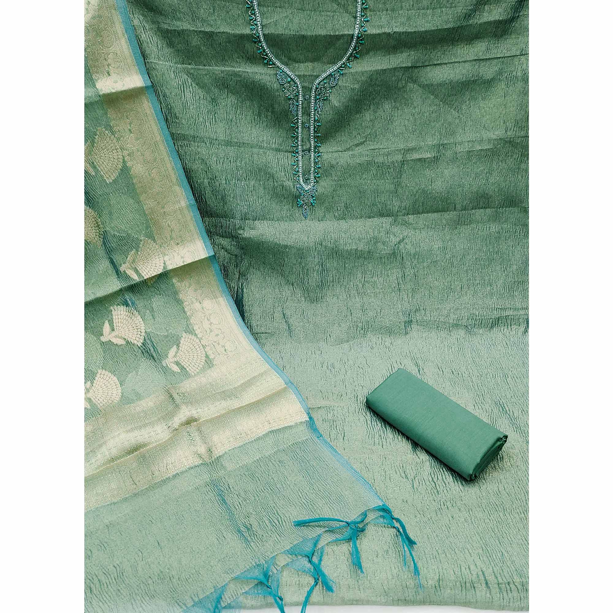 Rama Blue Woven With Handwork Crush Tissue Dress Material
