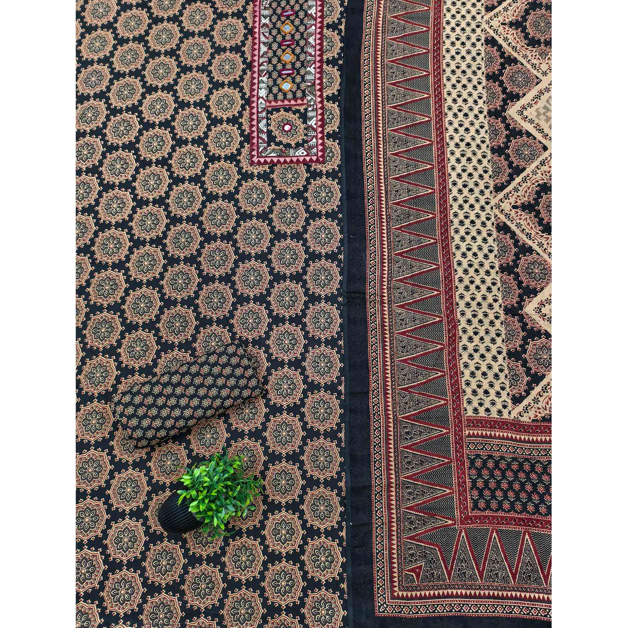 Ethnic Black Floral Printed Pure Cotton Dress Material Accented With Fine Neck Embroidery Work