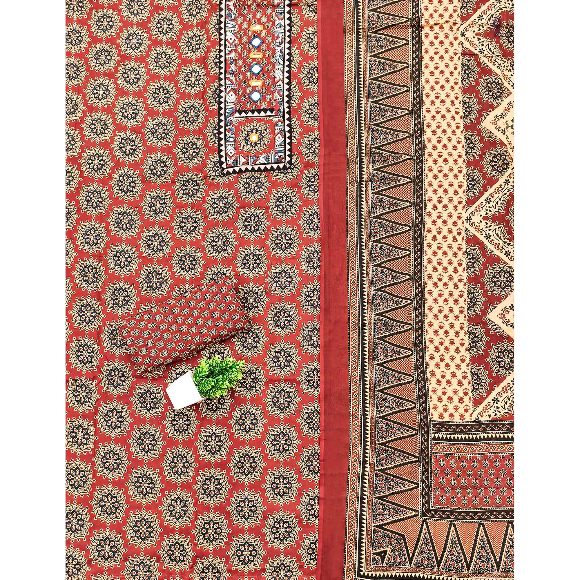 Ethnic Maroon Floral Printed Pure Cotton Dress Material Accented With Fine Neck Embroidery Work