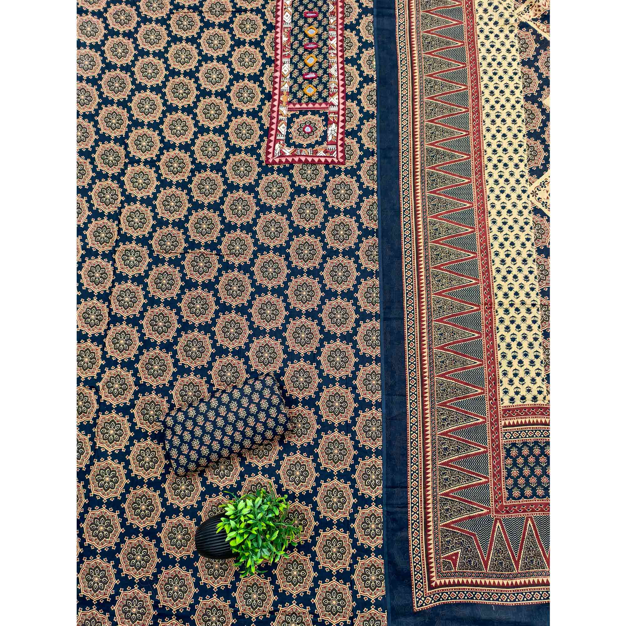 Ethnic Navy Blue Floral Printed Pure Cotton Dress Material Accented With Fine Neck Embroidery Work