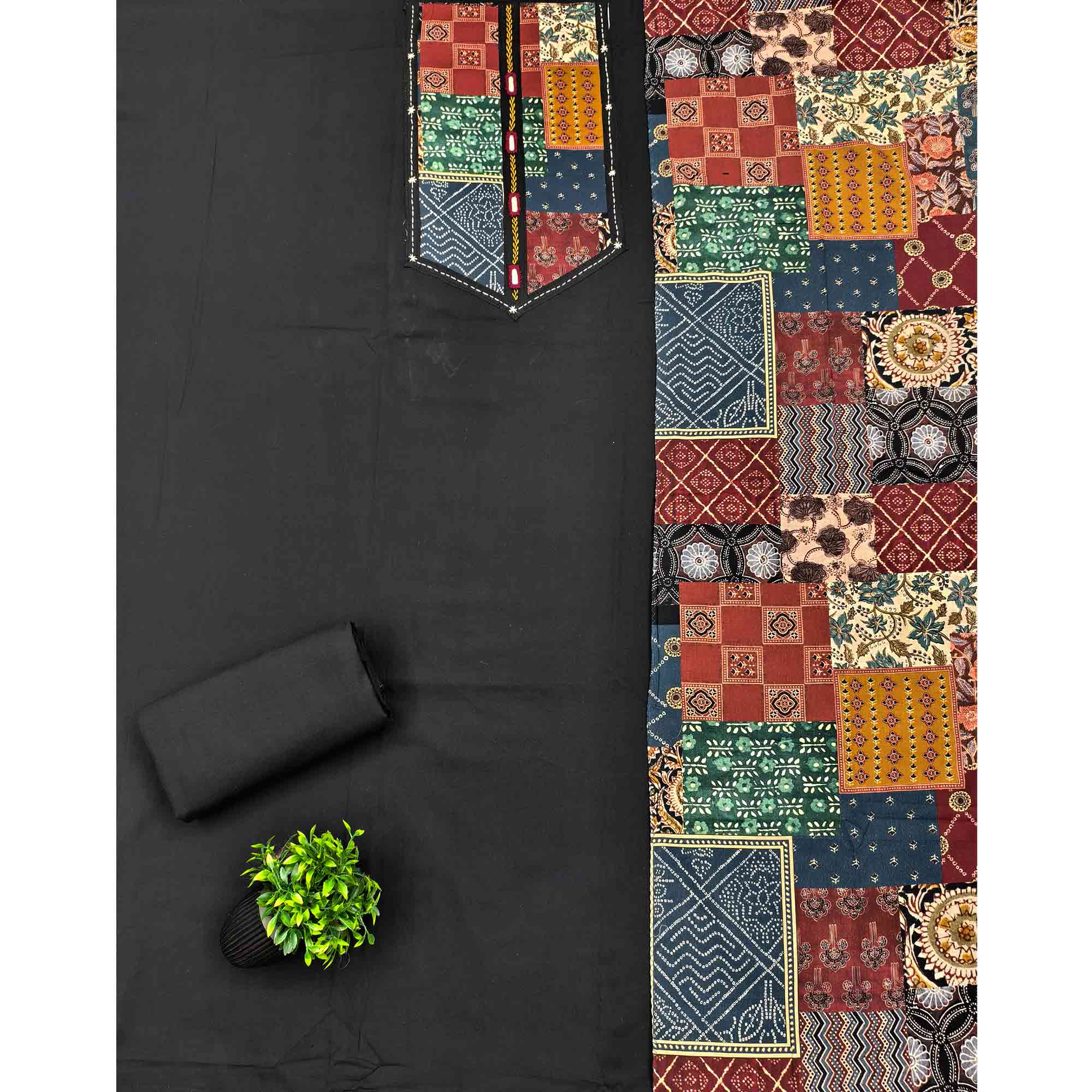 Ethnic Black Solid With Printed Pure Cotton Dress Material With Neck Embroidery Work