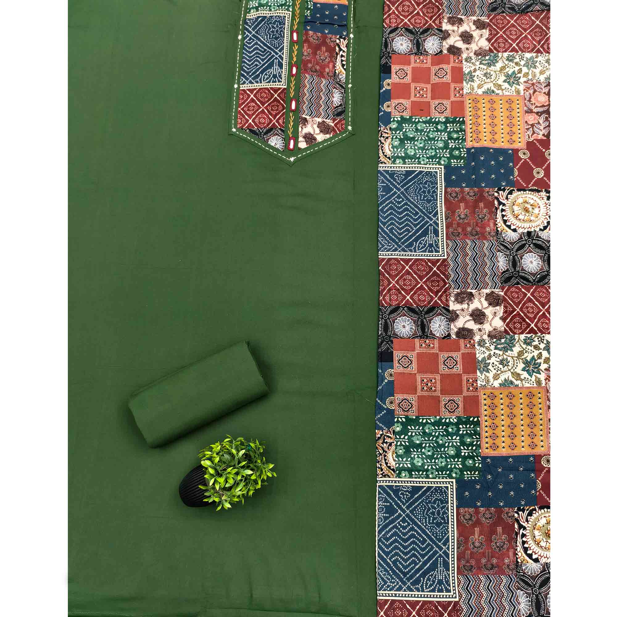 Ethnic Green Solid With Printed Pure Cotton Dress Material With Neck Embroidery Work