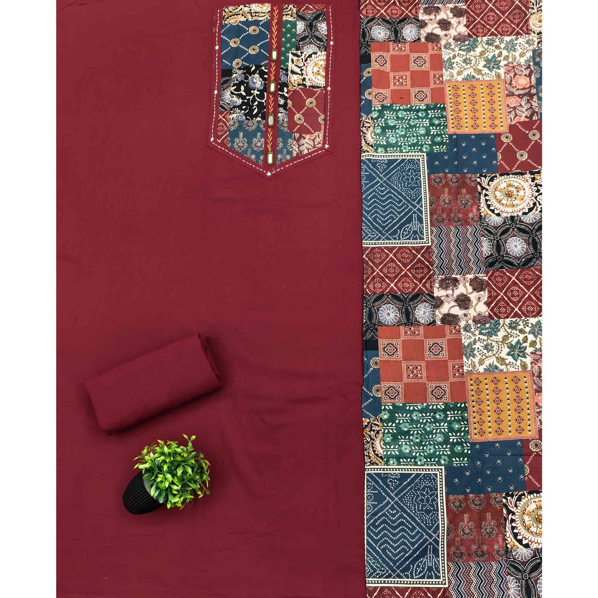 Ethnic Maroon Solid With Printed Pure Cotton Dress Material With Neck Embroidery Work