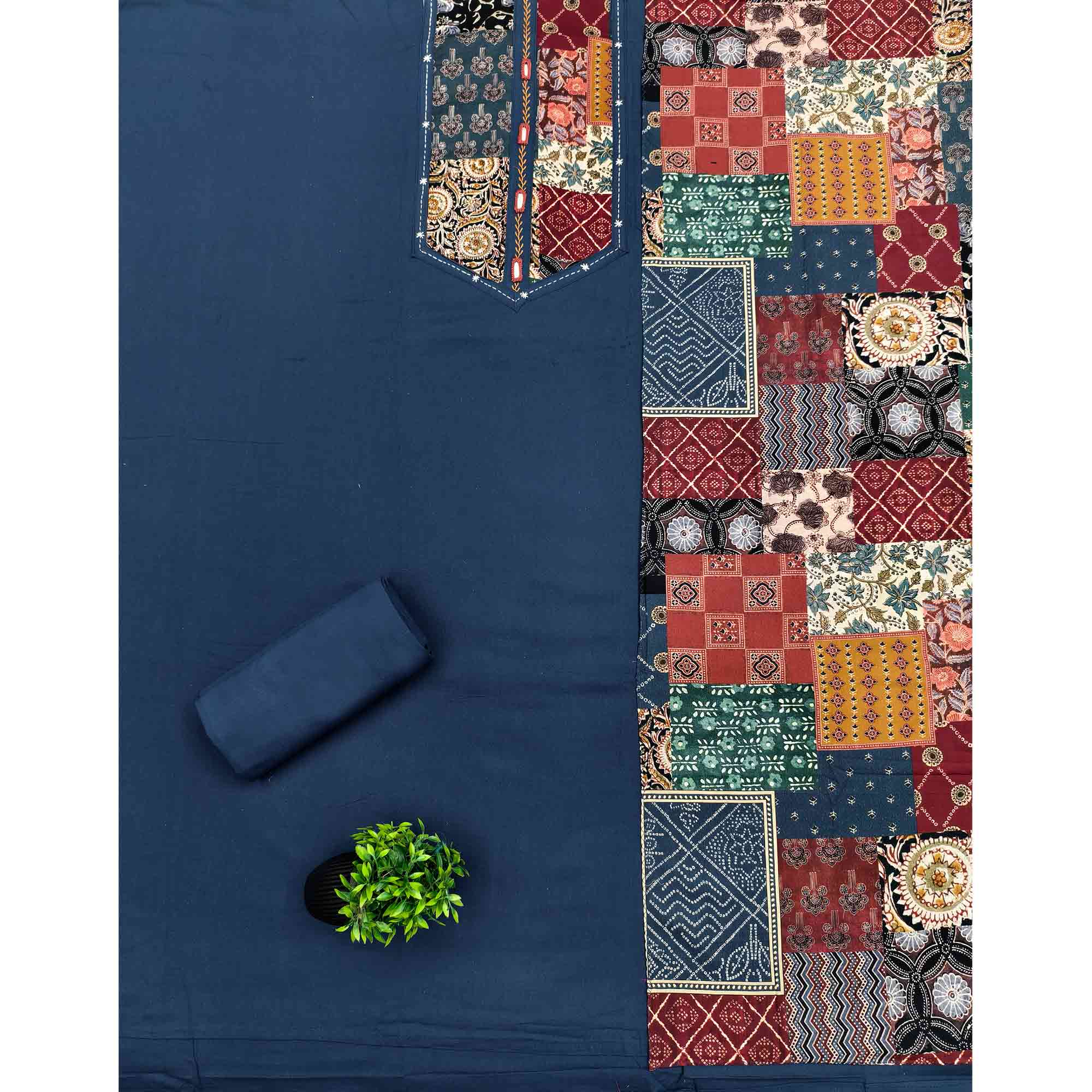 Ethnic Navy Blue Solid With Printed Pure Cotton Dress Material With Neck Embroidery Work