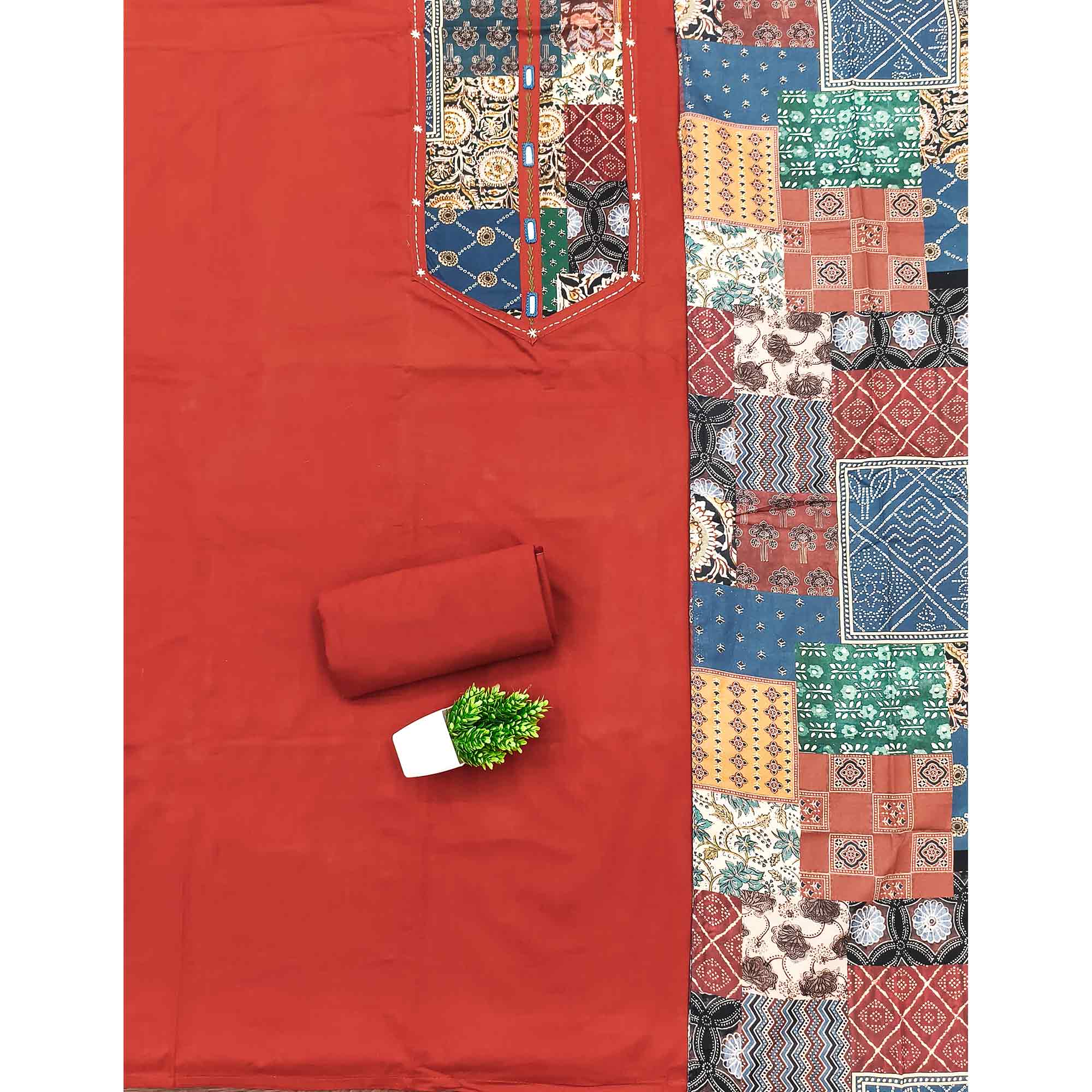 Ethnic Red Solid With Printed Pure Cotton Dress Material With Neck Embroidery Work