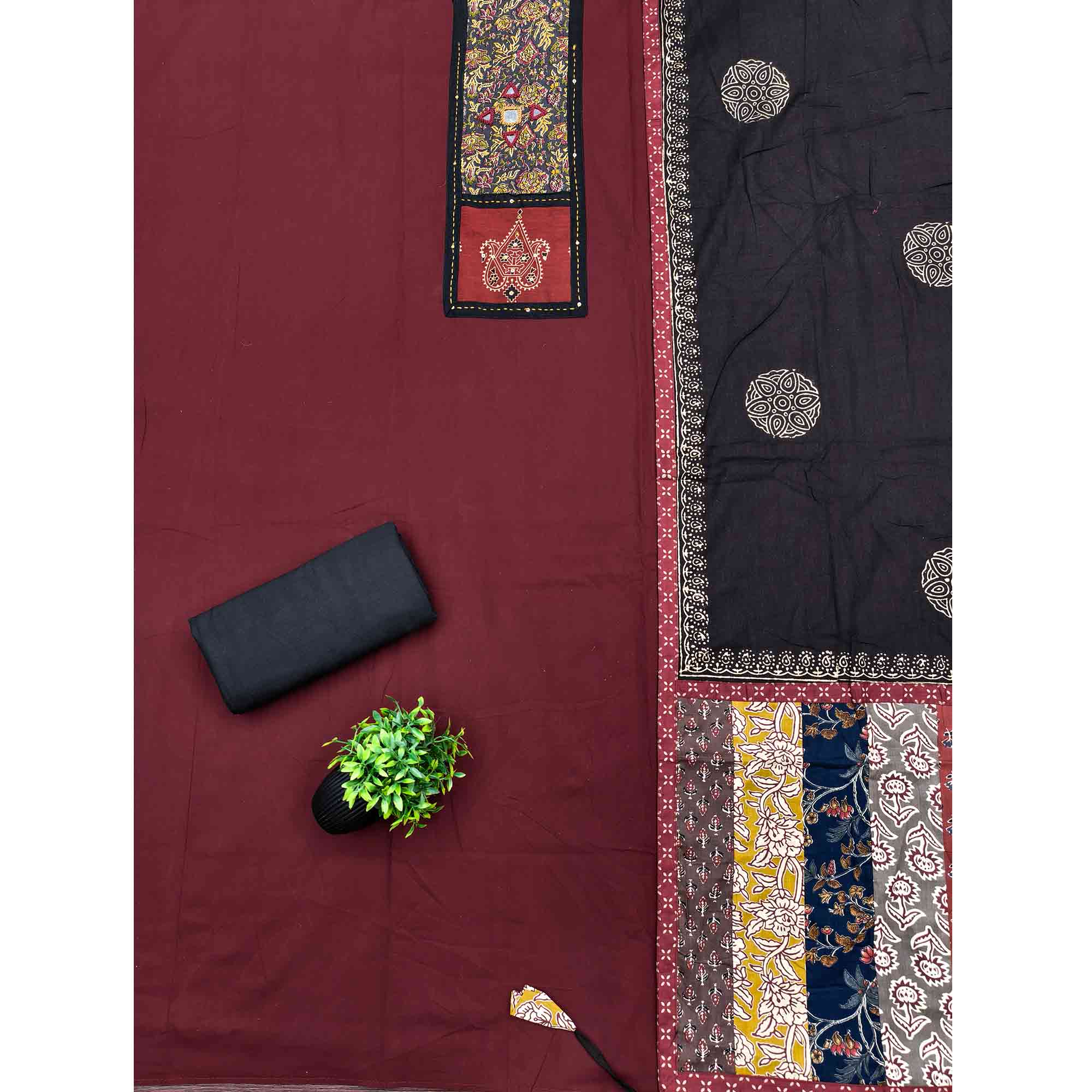 Trendy Maroon Solid With Printed Pure Cotton Dress Material With Neck Sequins Embroidery Work