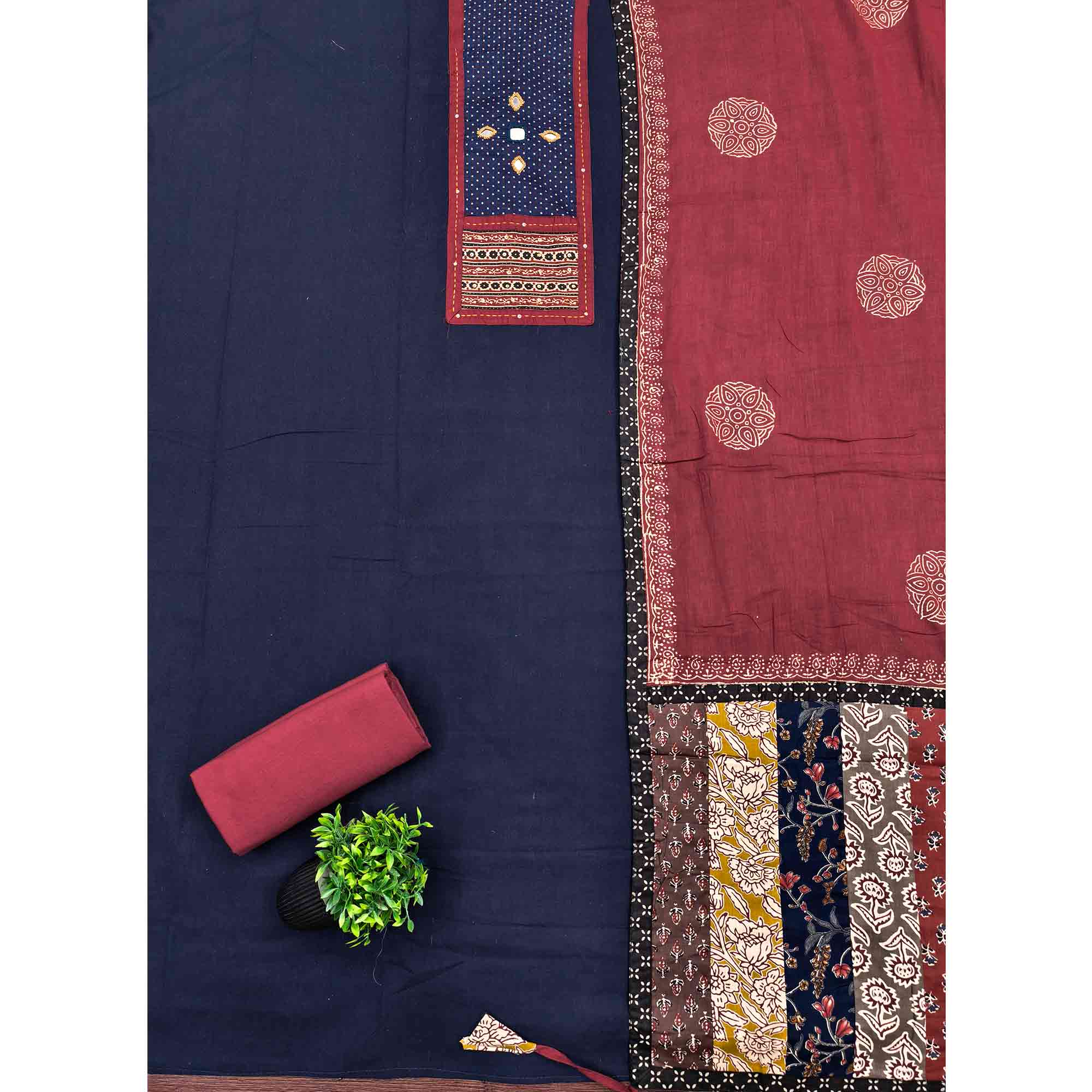 Trendy Navy Blue Solid With Printed Pure Cotton Dress Material With Neck Sequins Embroidery Work
