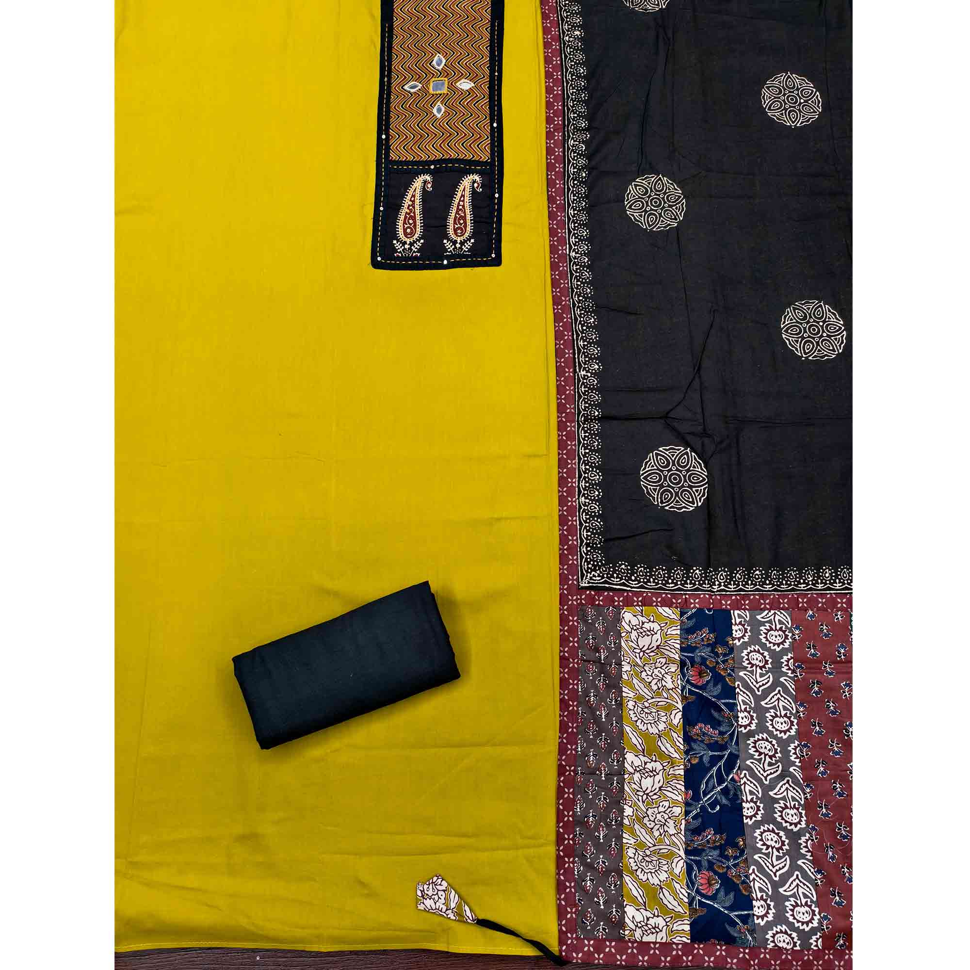 Trendy Yellow Solid With Printed Pure Cotton Dress Material With Neck Sequins Embroidery Work