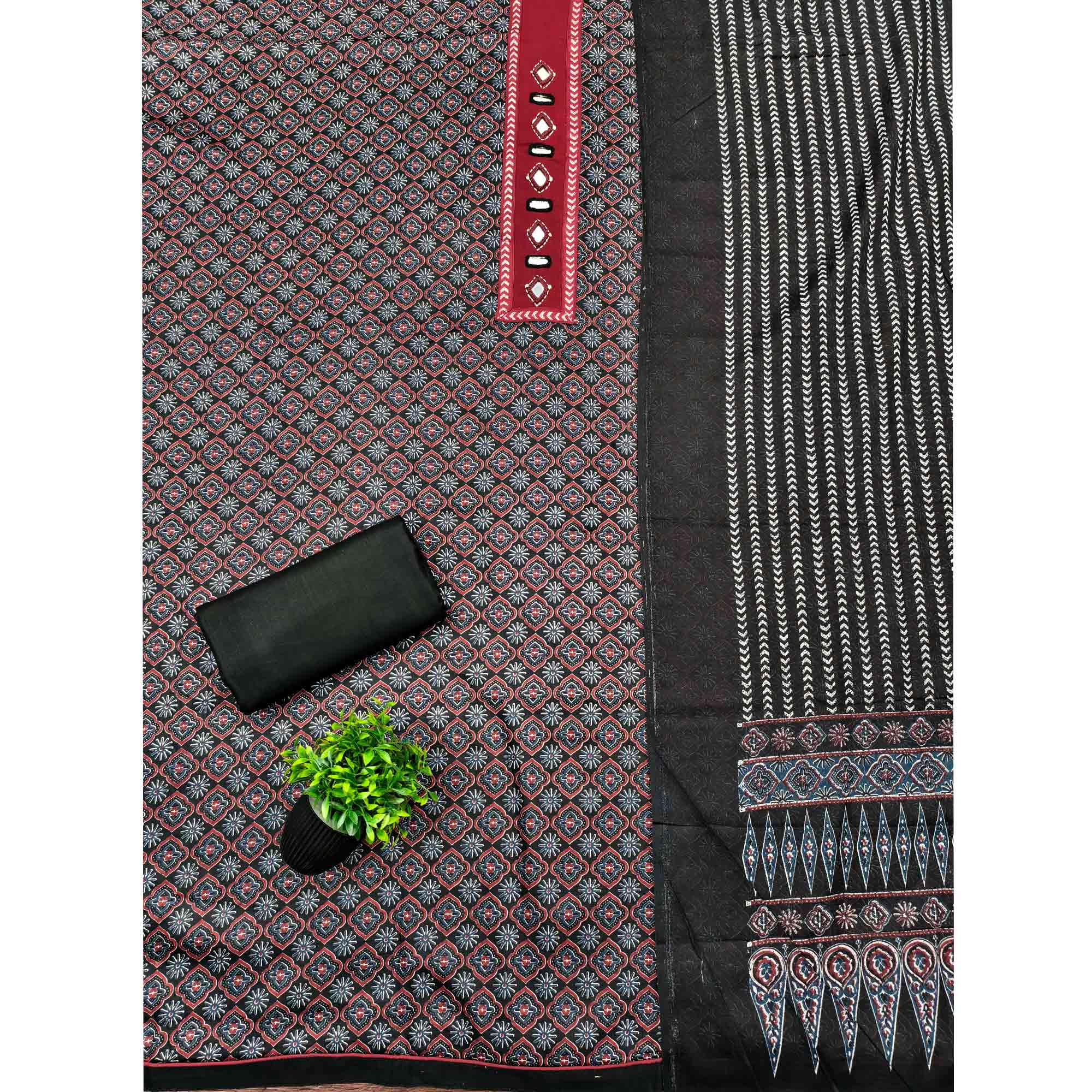 Premium Black Floral Printed Pure Cotton Dress Material With Delicate Neck Embellishments