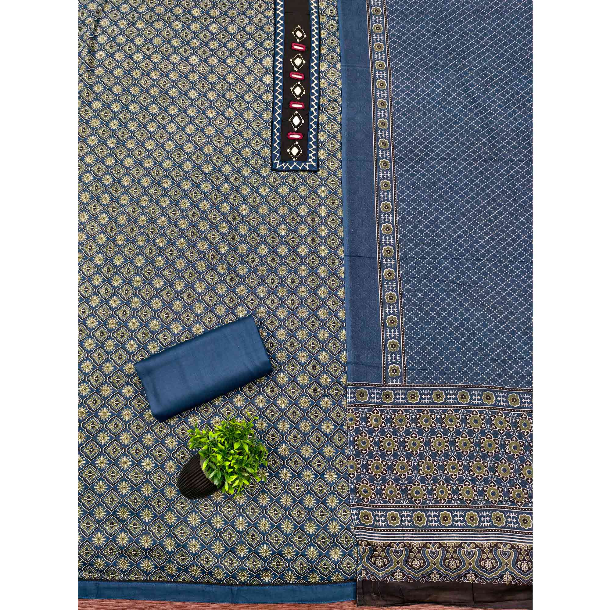 Premium Blue Floral Printed Pure Cotton Dress Material With Delicate Neck Embellishments