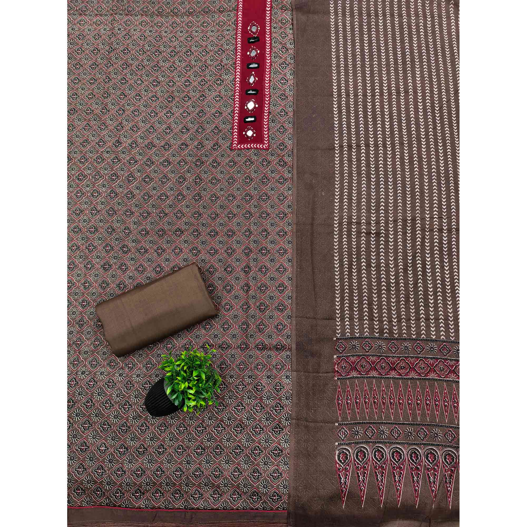 Premium Brown Floral Printed Pure Cotton Dress Material With Delicate Neck Embellishments