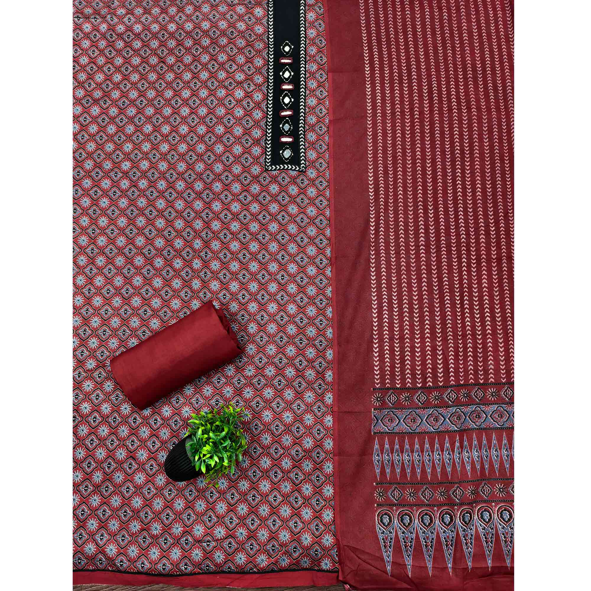 Premium Maroon Floral Printed Pure Cotton Dress Material With Delicate Neck Embellishments
