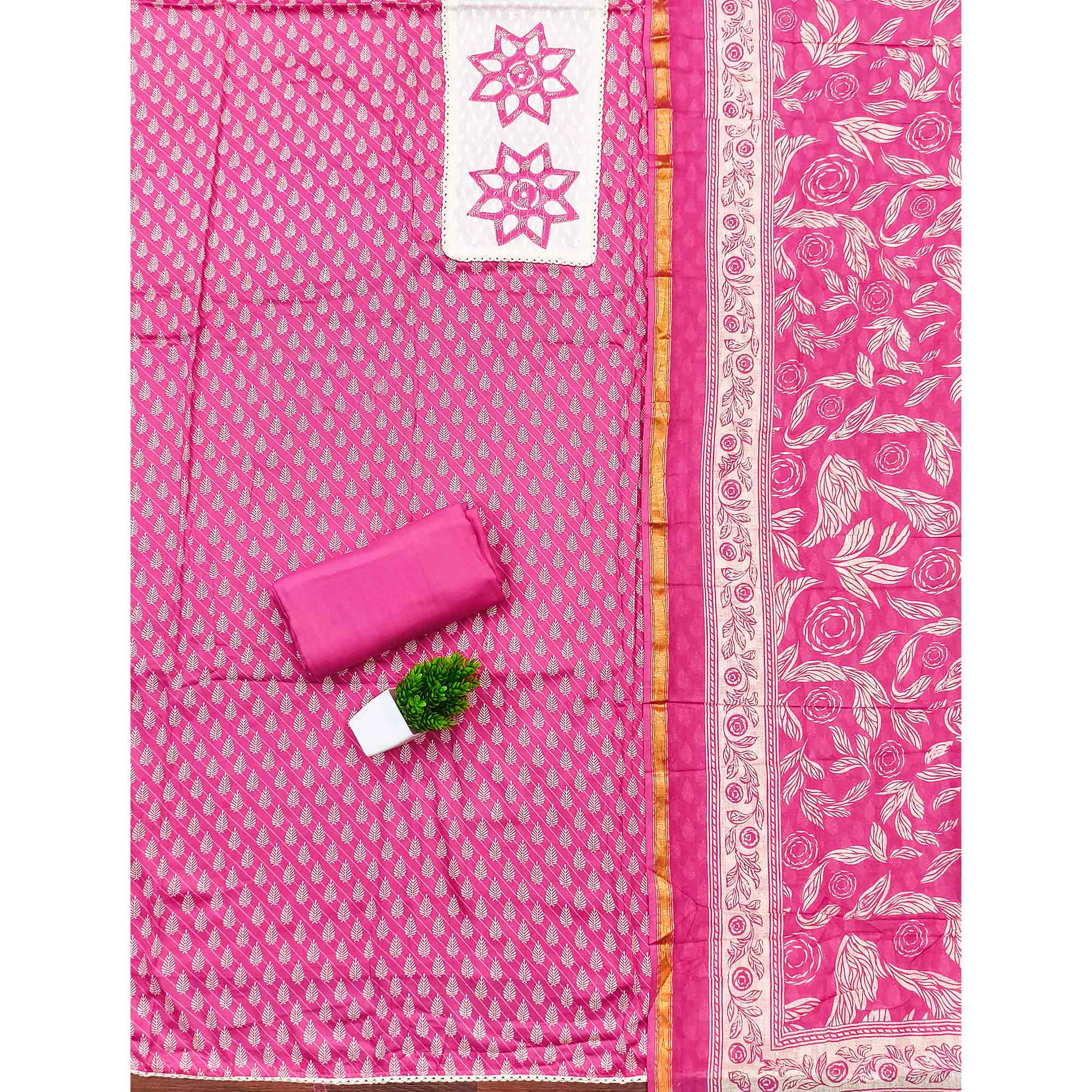 Pink Leaf & Striped Printed Pure Cotton Dress Material Accented With Floral Embroidered Neckline