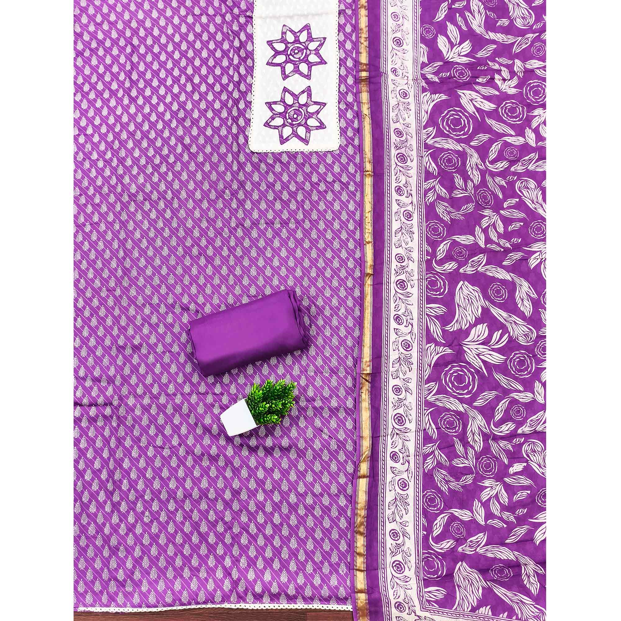 Purple Leaf & Striped Printed Pure Cotton Dress Material Accented With Floral Embroidered Neckline