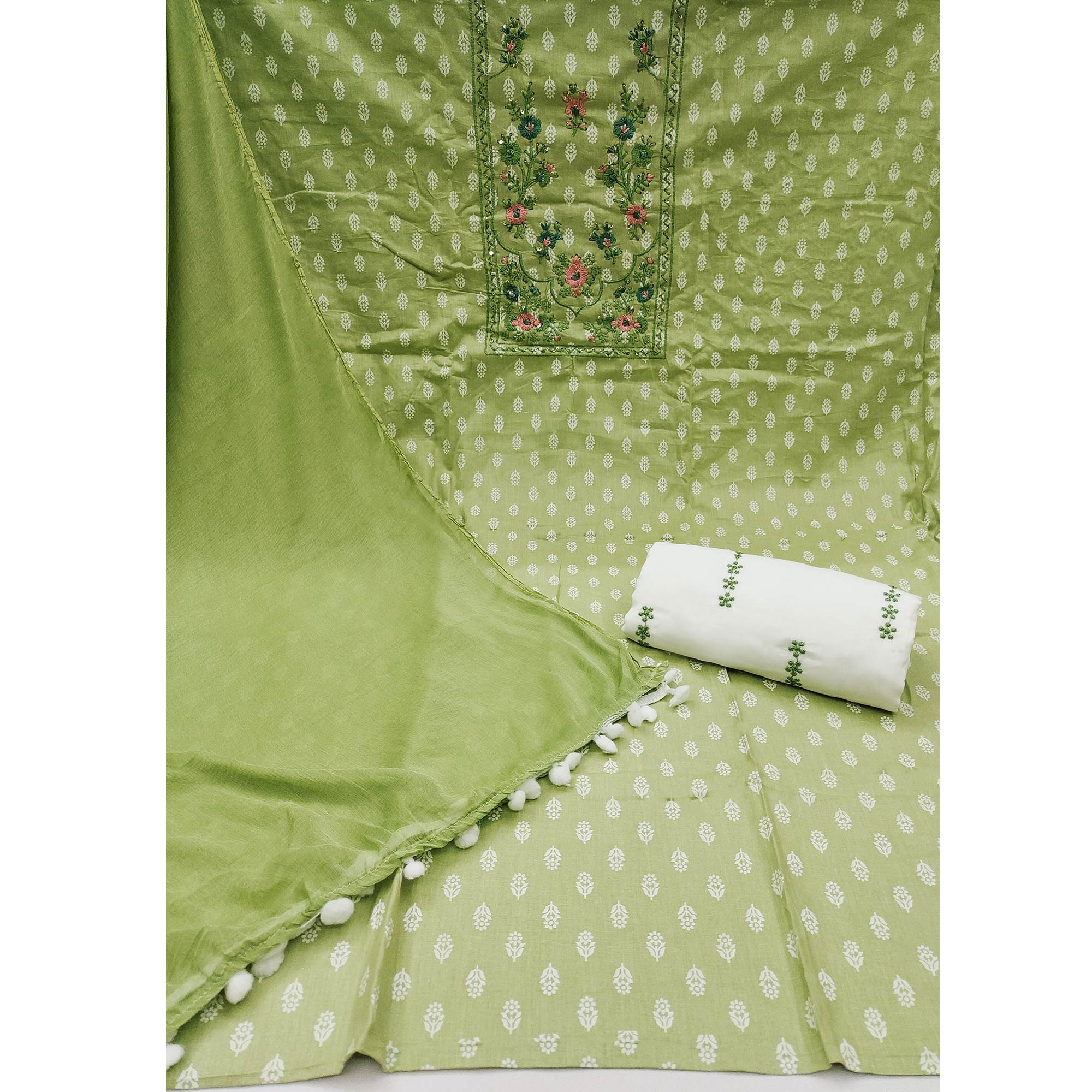 Green Floral Printed Pure Cotton Dress Material
