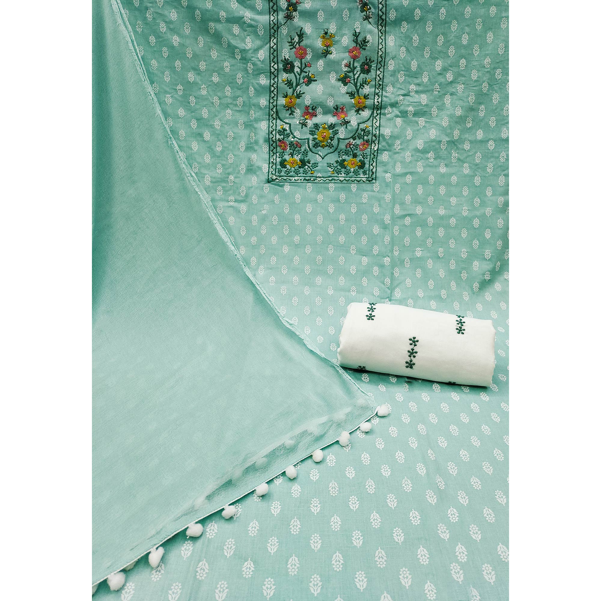 Turquoise Floral Printed Pure Cotton Dress Material