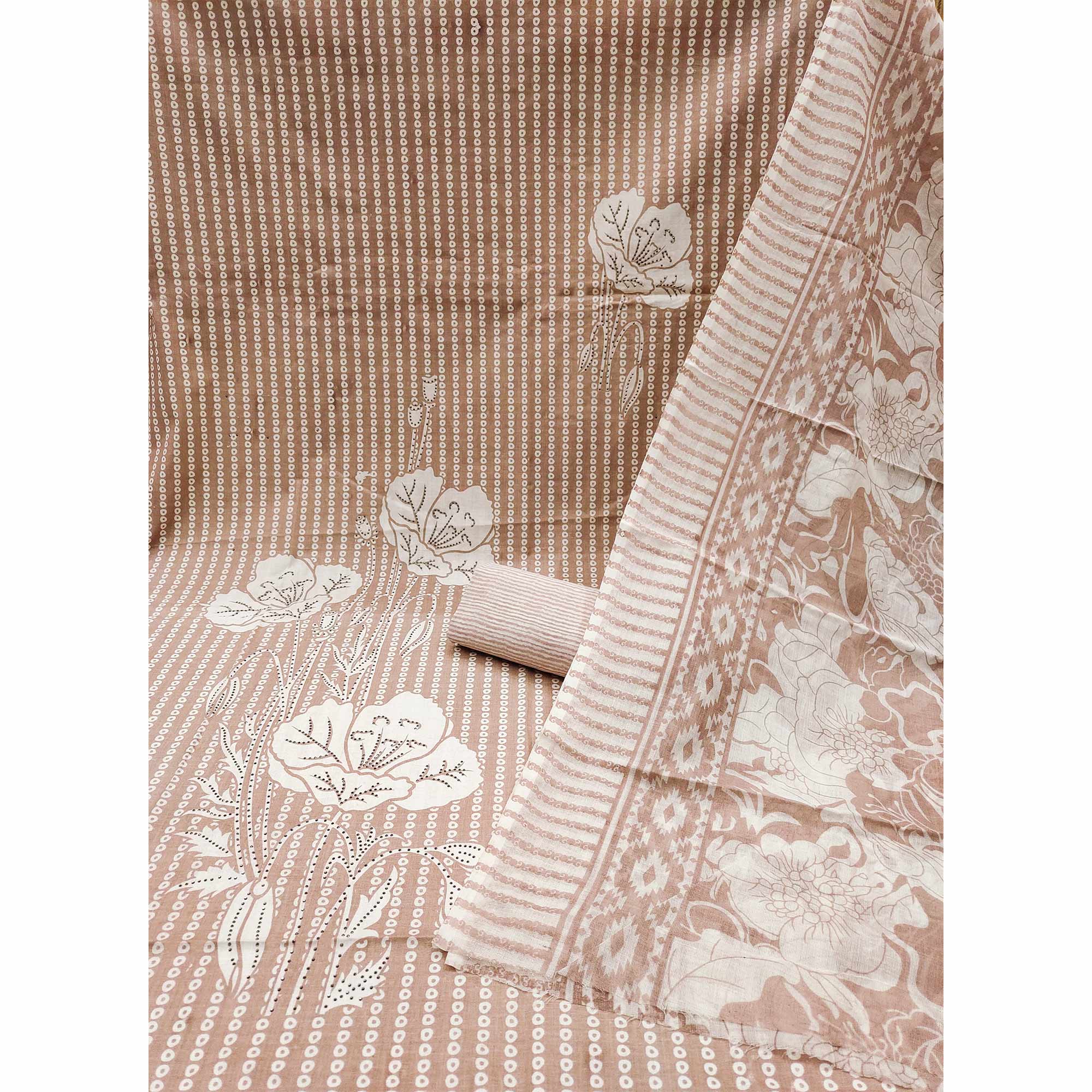 Beige Floral Printed With Yoke Embroidered Pure Cotton Dress Material