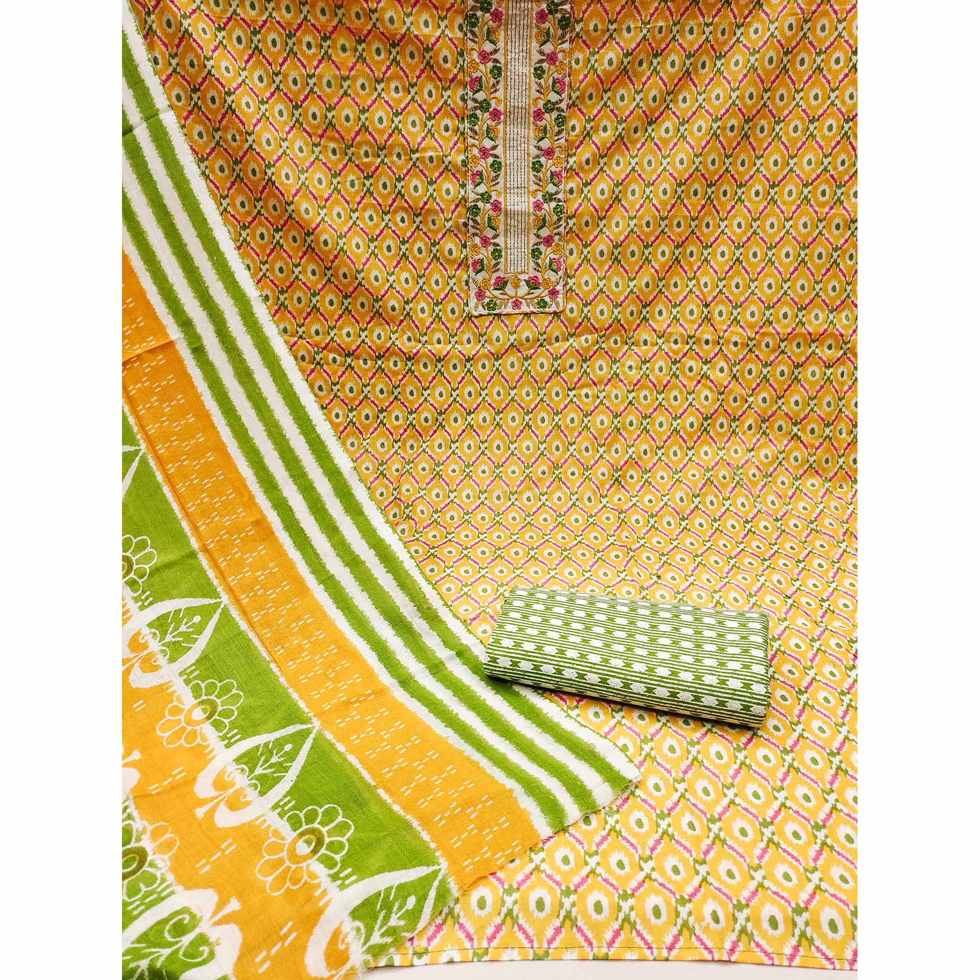 Yellow Printed With Yoke Embroidered Pure Cotton Dress Material