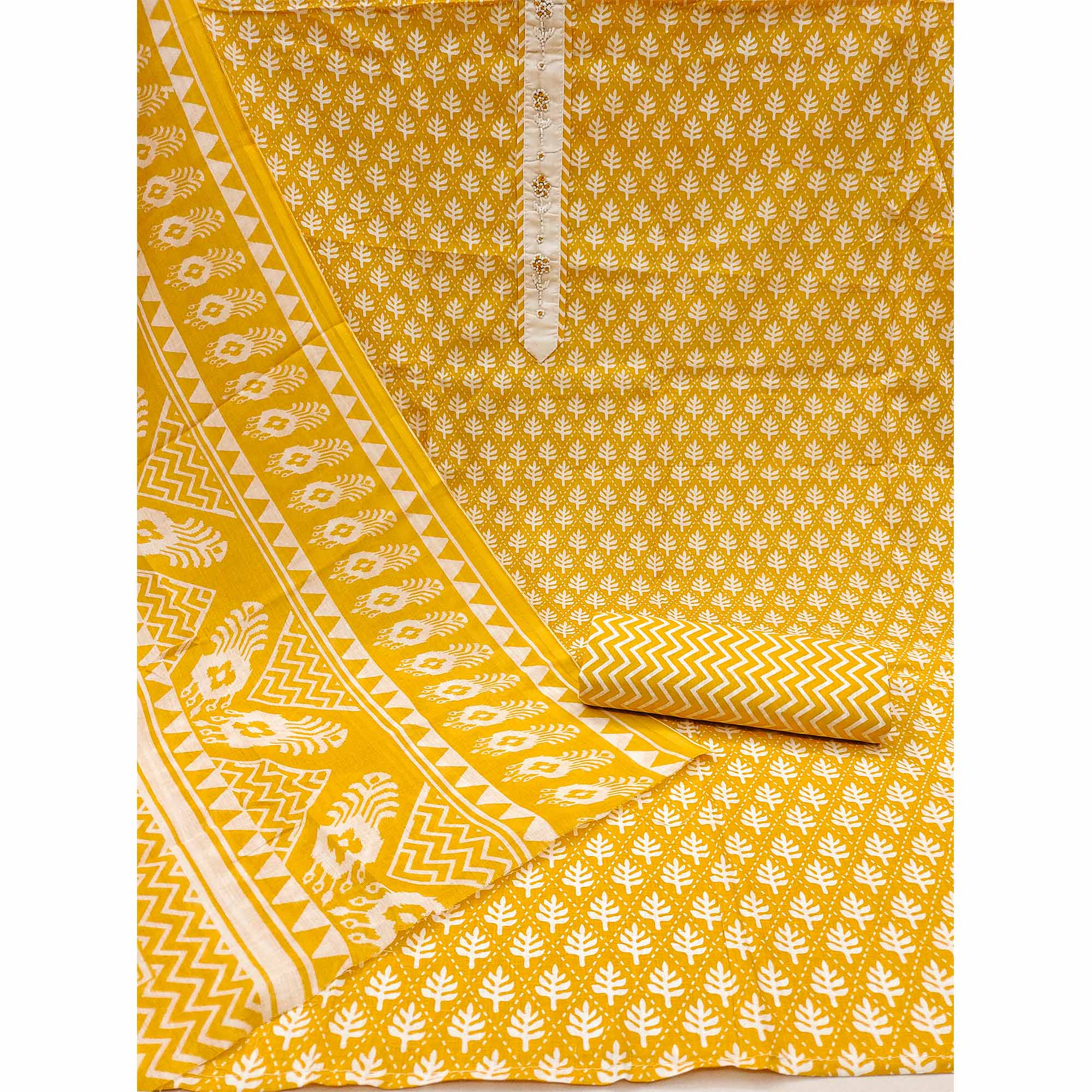 Mustard Floral Printed With Yoke Embroidered Pure Cotton Dress Material