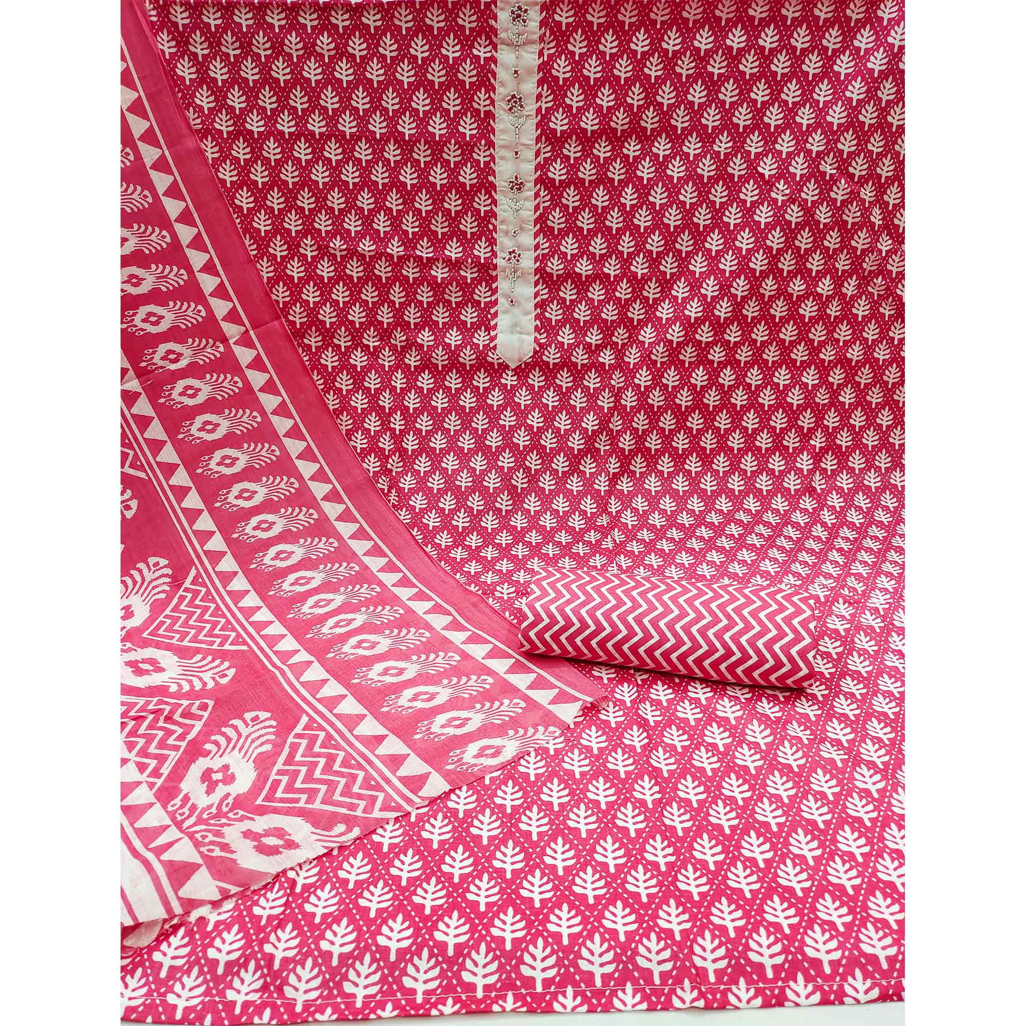 Pink Floral Printed With Yoke Embroidered Pure Cotton Dress Material
