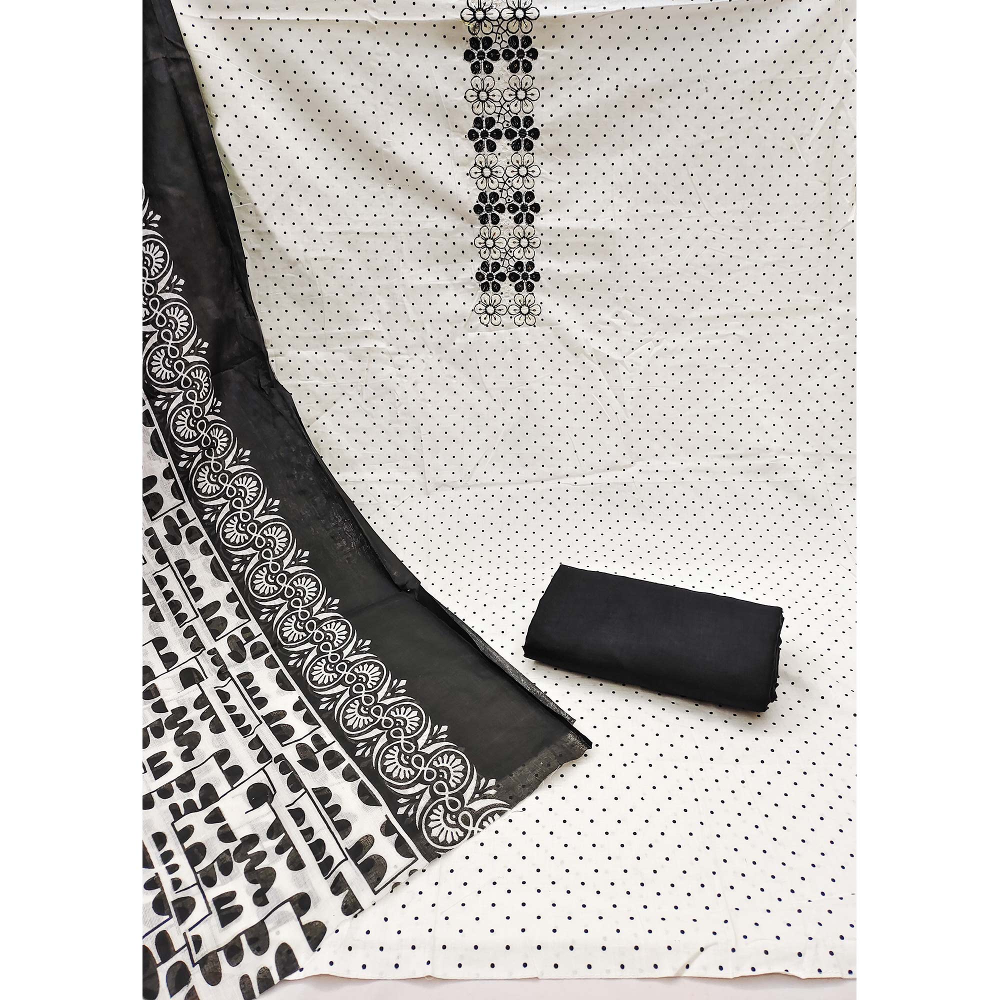 White Printed With Yoke Embroidered Pure Cotton Dress Material