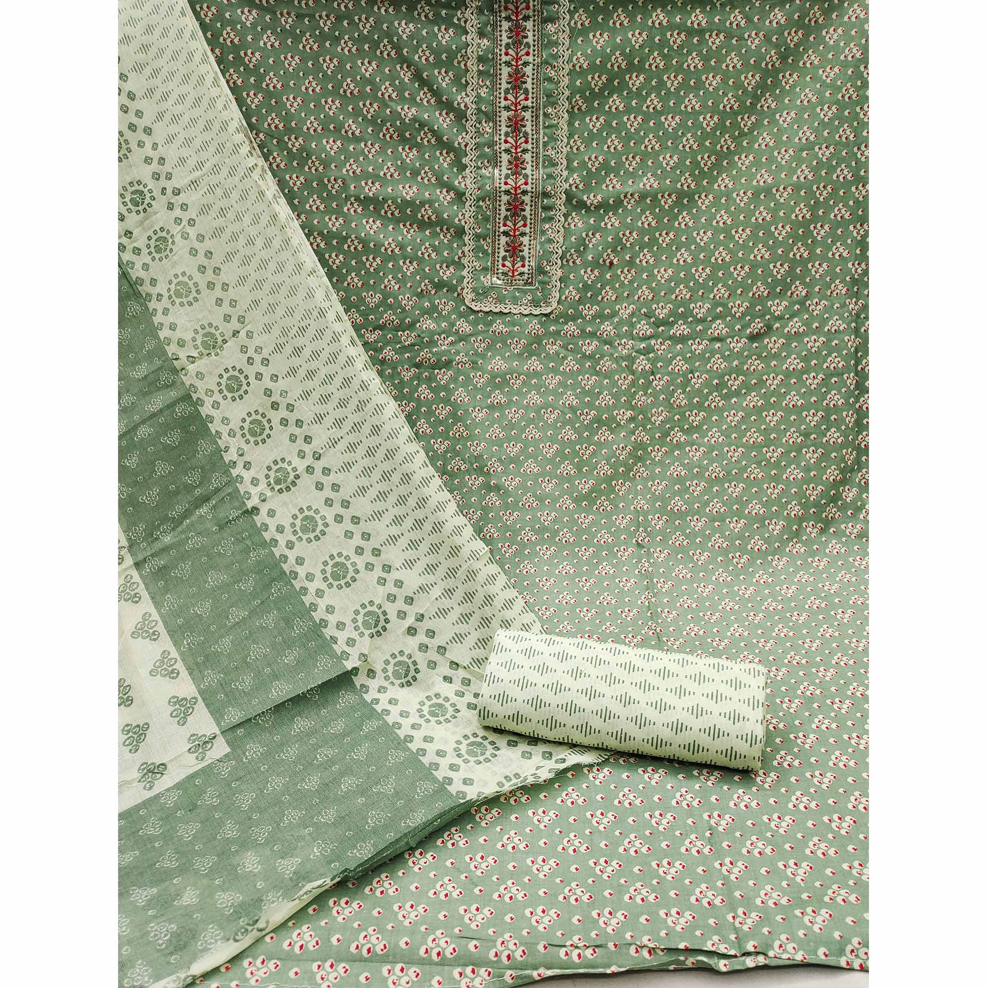 Green Printed With Embroidery Pure Cotton Dress Material
