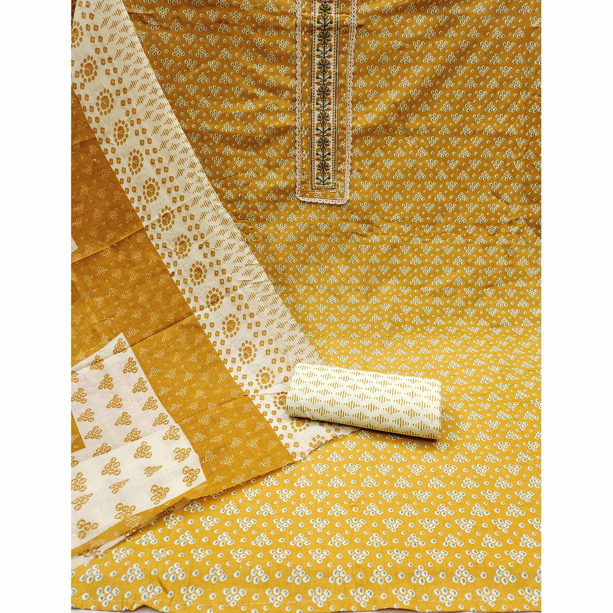 Mustard Printed With Embroidery Pure Cotton Dress Material