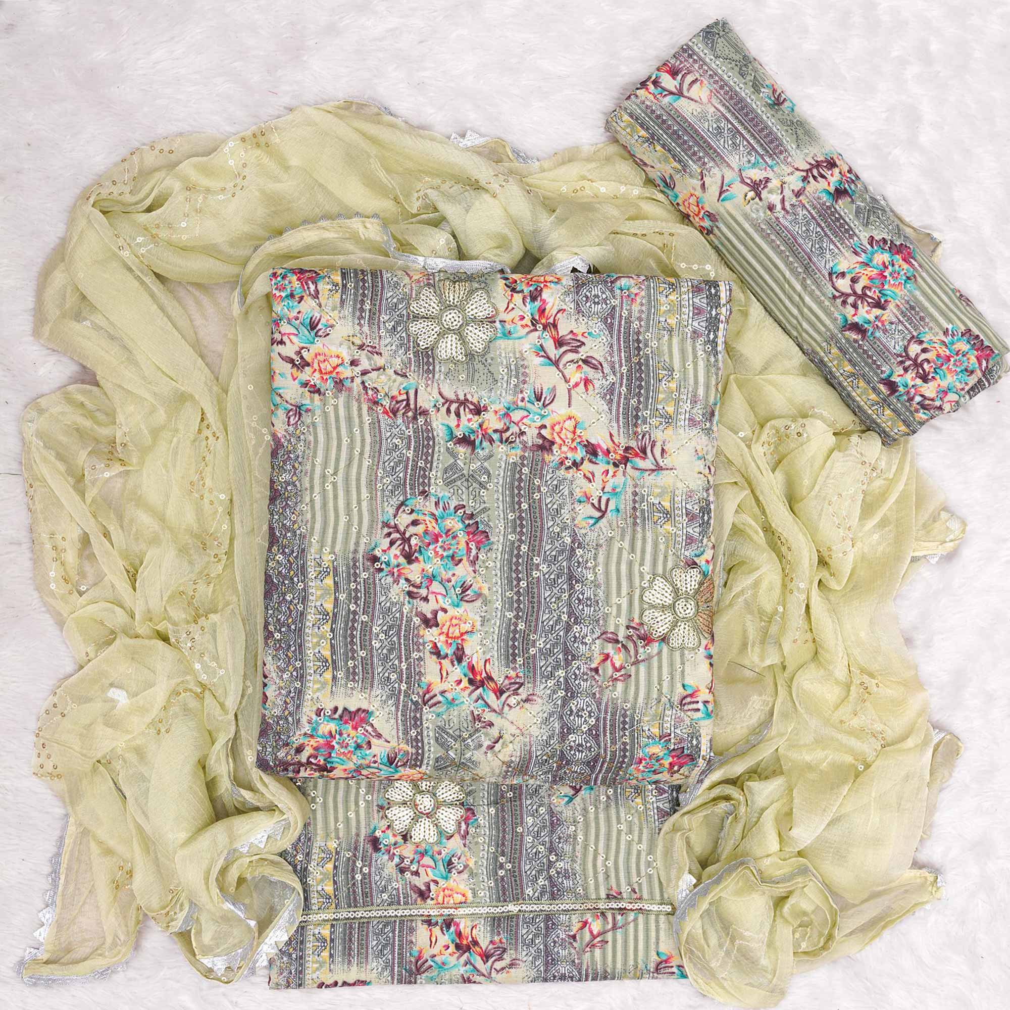 Yellow Floral Foil Printed Pure Cotton Dress Material