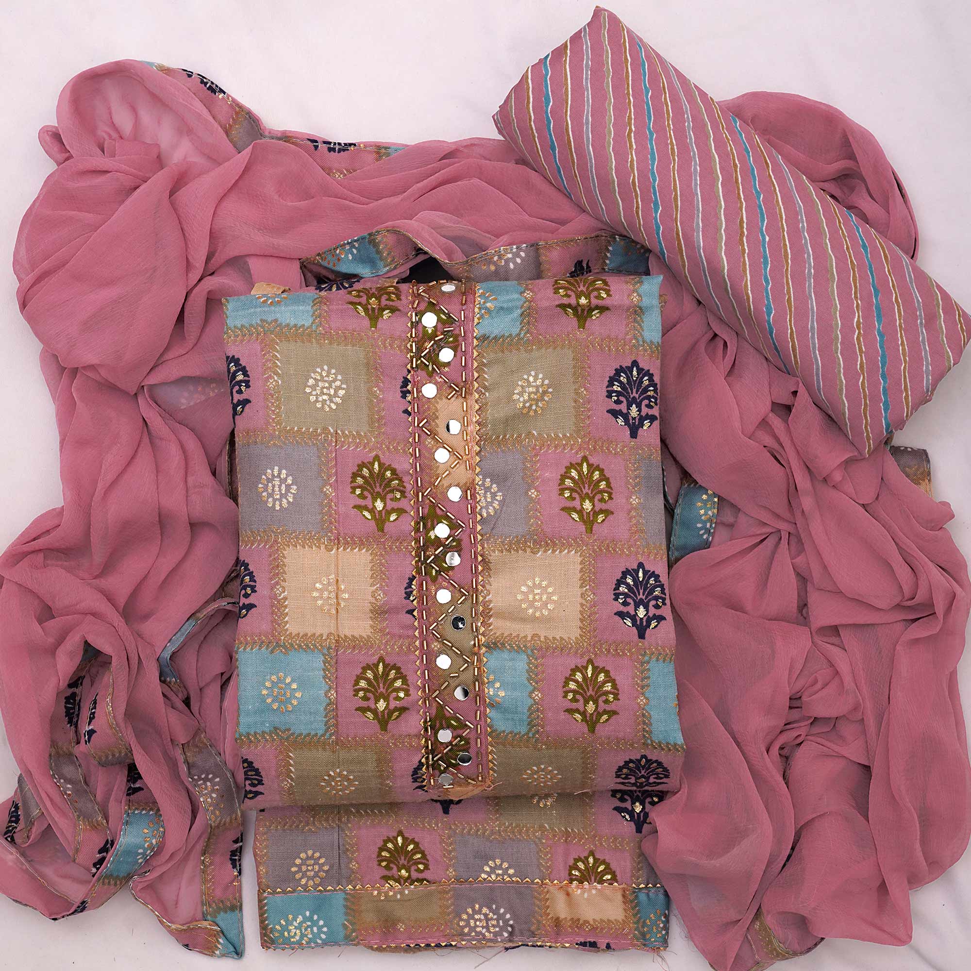 Pink Foil Printed Cotton Blend Dress Material